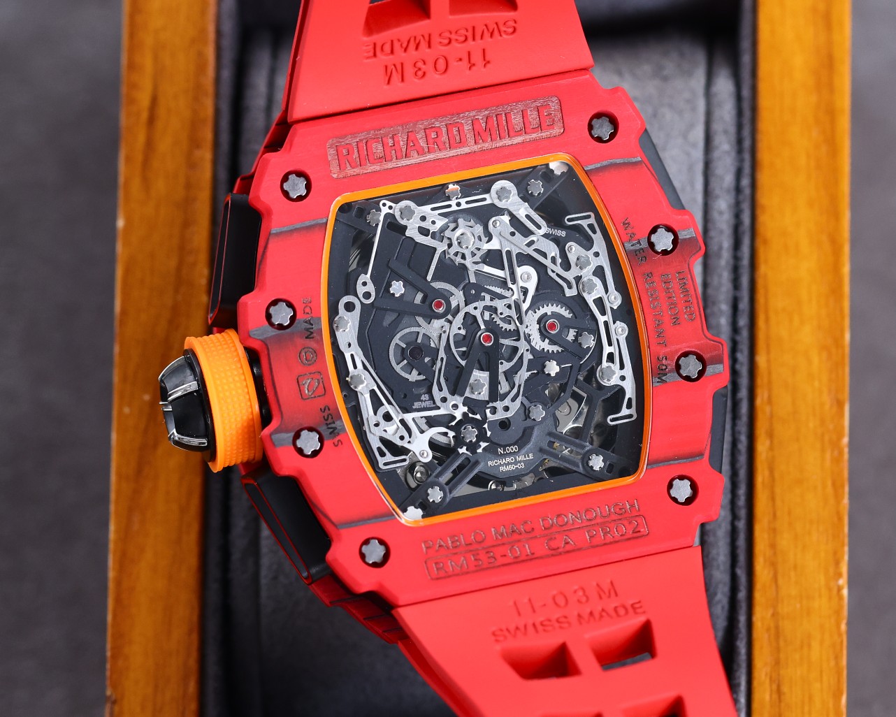 Best Richard Mille RM 50-03 Mclaren Replica Red Strap Watch For Men – Red Carbon Skeleton Dial with Swiss Movement