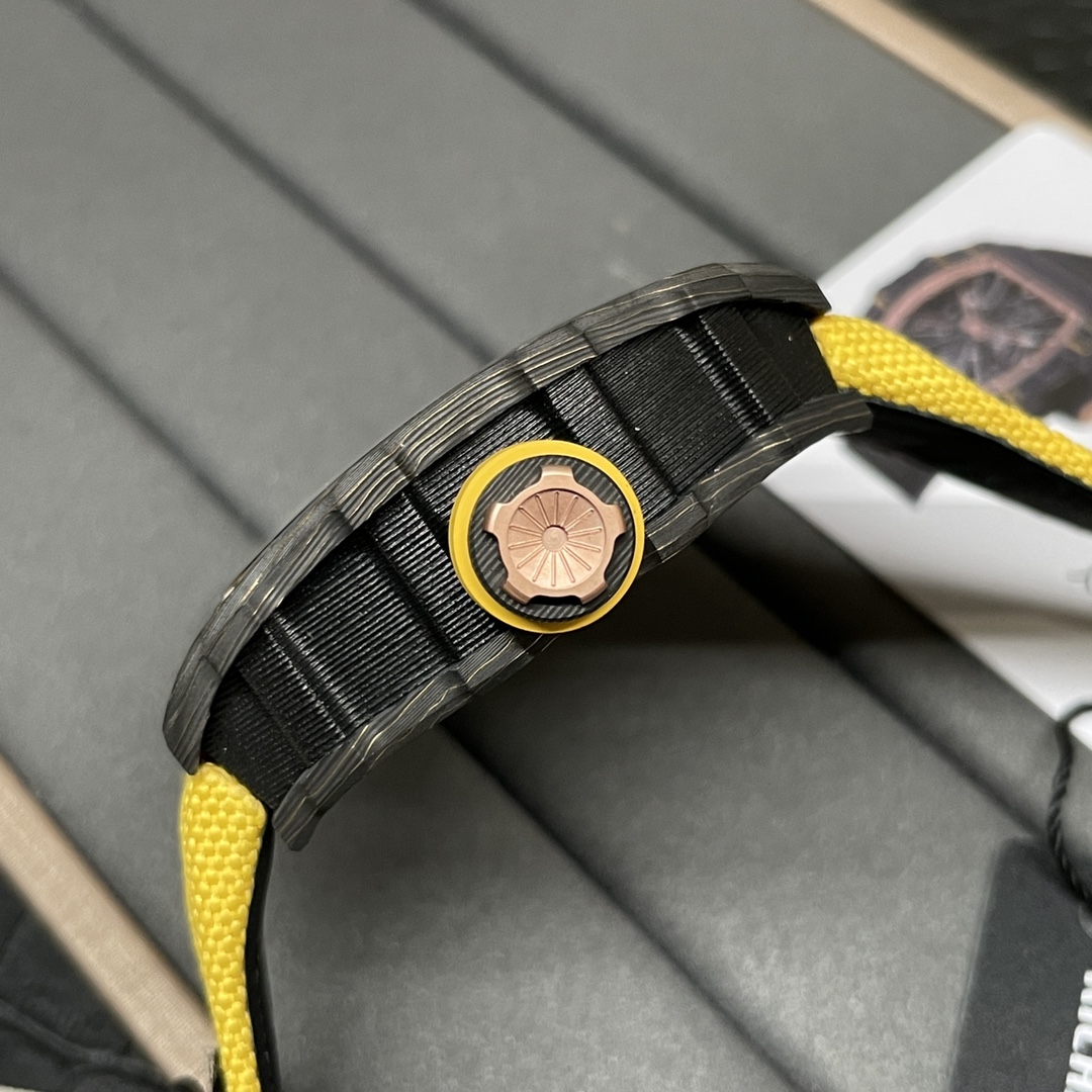 Swiss Replica Richard Mille RM 12-01 Tourbillon Watch – Bold Yellow Fabric Strap, Carbon Fiber Barrel Case, Skeleton Dial