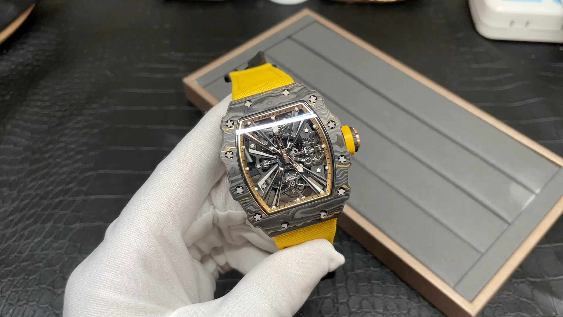 Swiss Replica Richard Mille RM 12-01 Tourbillon Watch – Bold Yellow Fabric Strap, Carbon Fiber Barrel Case, Skeleton Dial