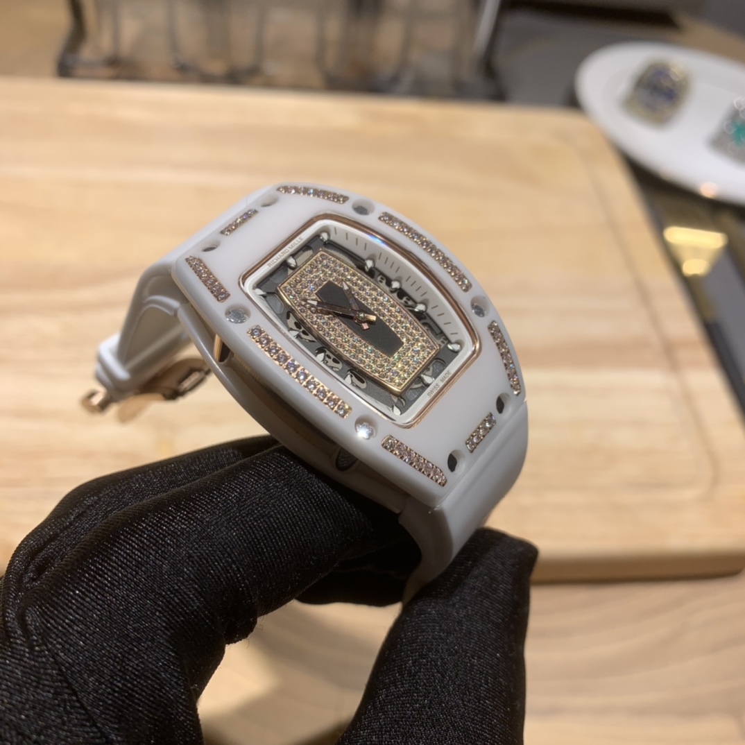 Elegant Swiss Richard Mille RM 07-01 Replica White Ceramic & Rose Gold Diamond Dial Watch – Luxury Style For Women