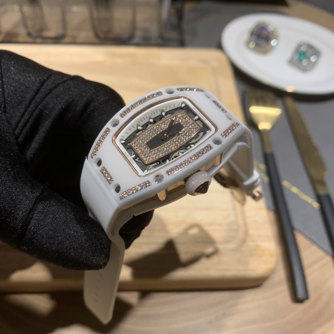 Elegant Swiss Richard Mille RM 07-01 Replica White Ceramic & Rose Gold Diamond Dial Watch – Luxury Style For Women