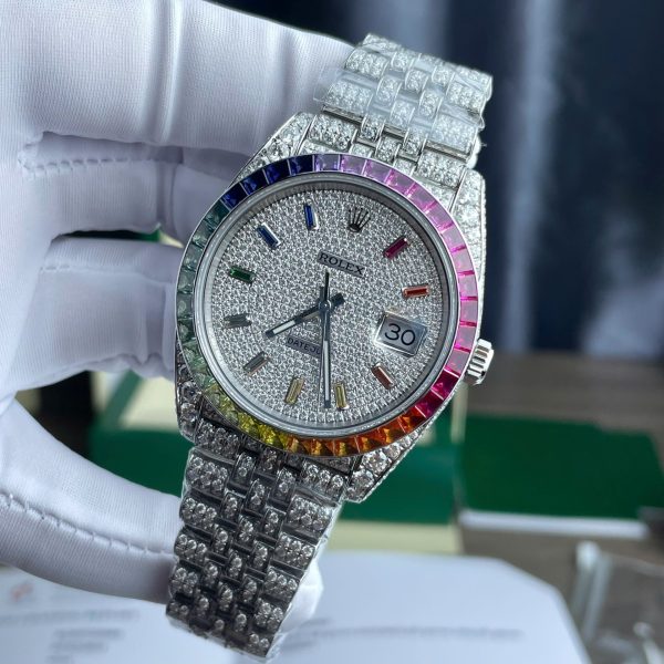 Rolex DateJust Replica Watch Full Moissanite Diamonds Hong Kong Dial Blue 41mm