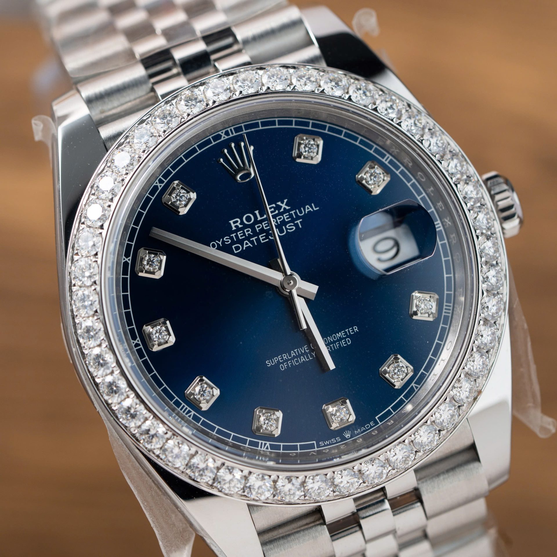 Rolex Replica Watch DateJust Blue Dial With Moissanite Diamond Bezel Factory Clean 41mm