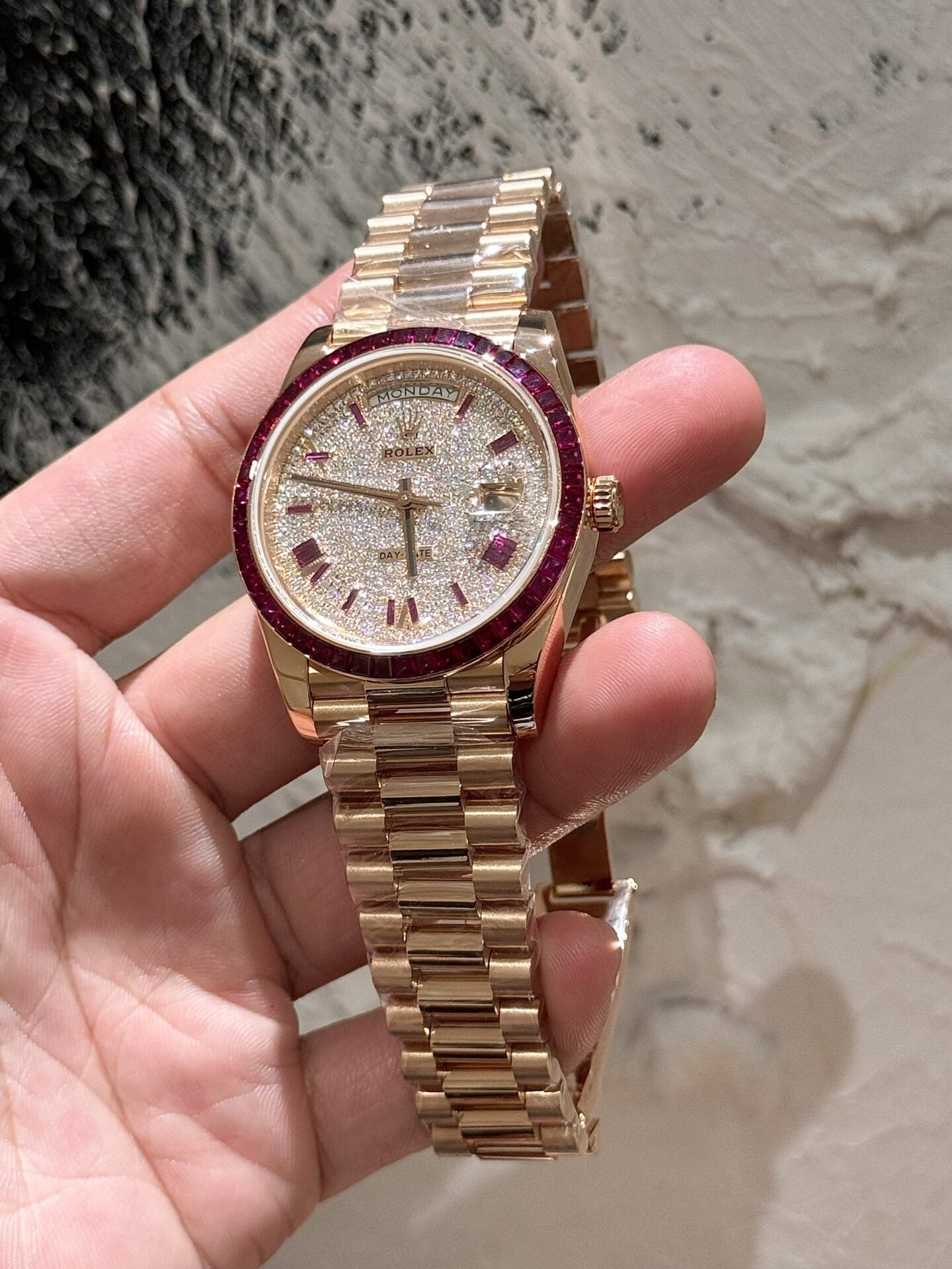 Rolex Replica Watch Day-Date Moissanite Ruby Baguette Red 18K Gold Wrapped 40mm