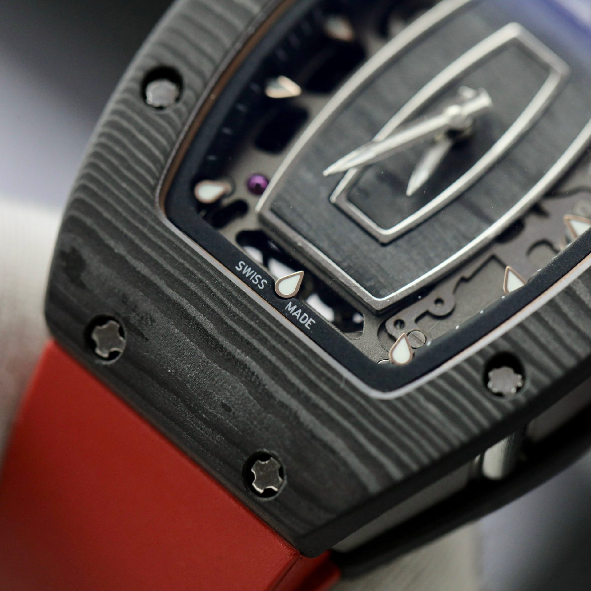 Richard Mille Replica 1:1 Watch RM07 Carbon Black Red Rubber Strap 36mm