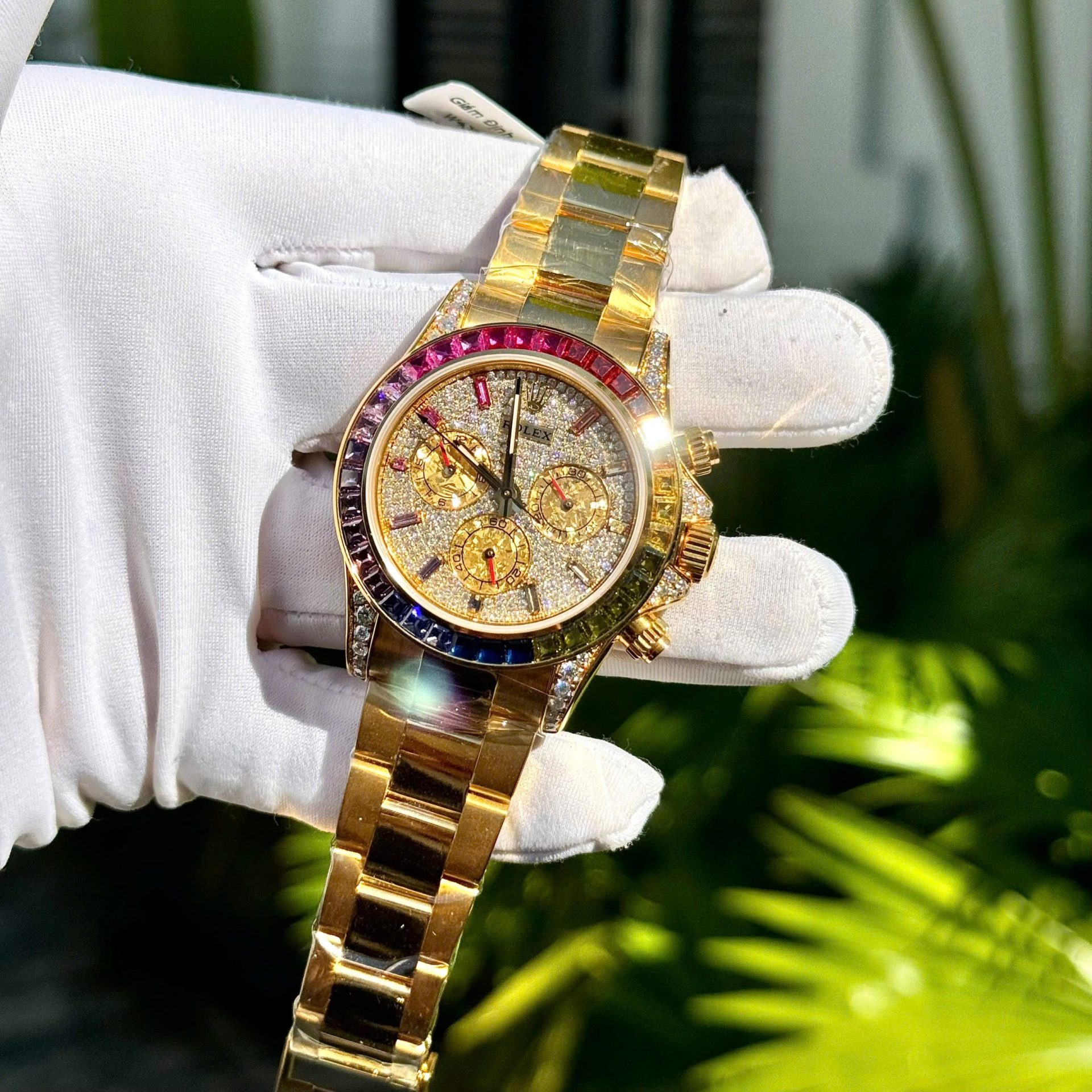 Rolex Daytona Rainbow Replica Watch 18K Gold Wrapped Customs Moissanite   Gemstones 40mm