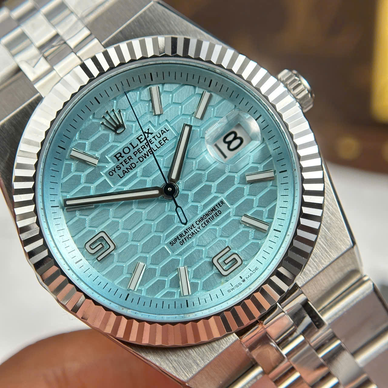 Rolex Land-Dweller 127336 Ice Blue   Honeycomb Motif Dial Best Fake Watches 40mm