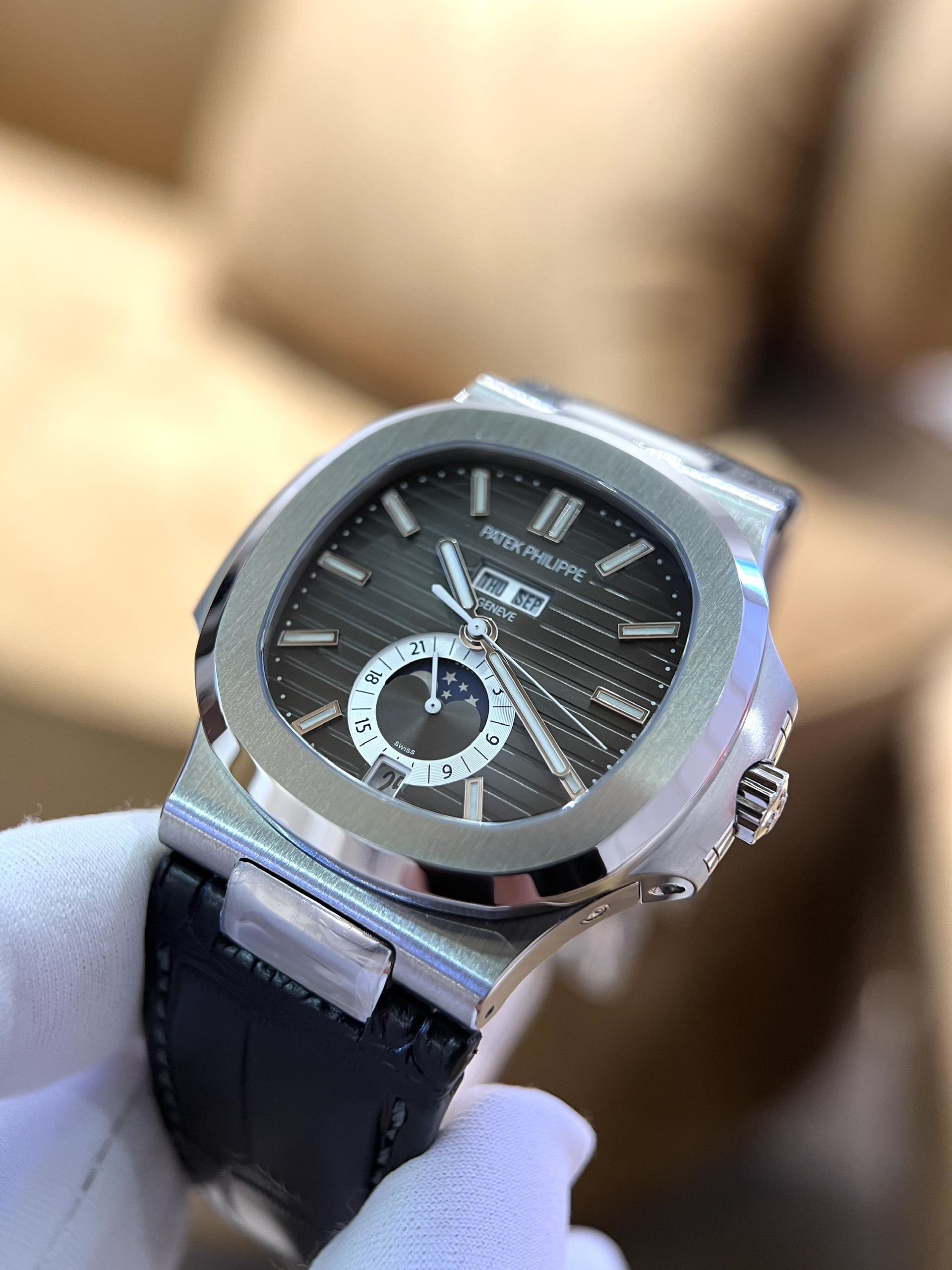 Patek Philippe Nautilus 5726 Replica 1:1 Watch Black Dial Leather Strap Factory PPF 40.5mm