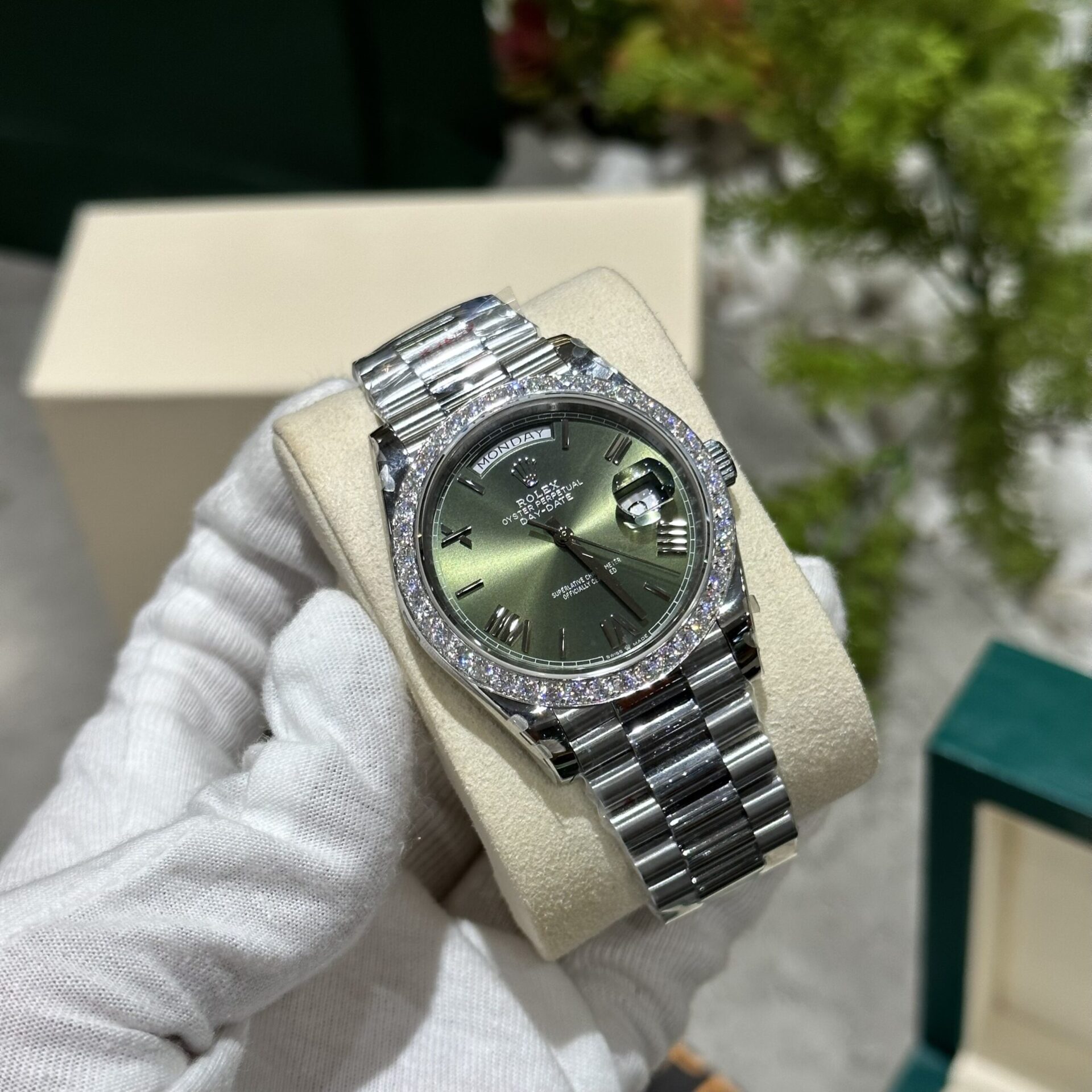 Rolex Day-Date 228236 Moissanite Green Dial Replica Watch 168gram GM V3 40mm
