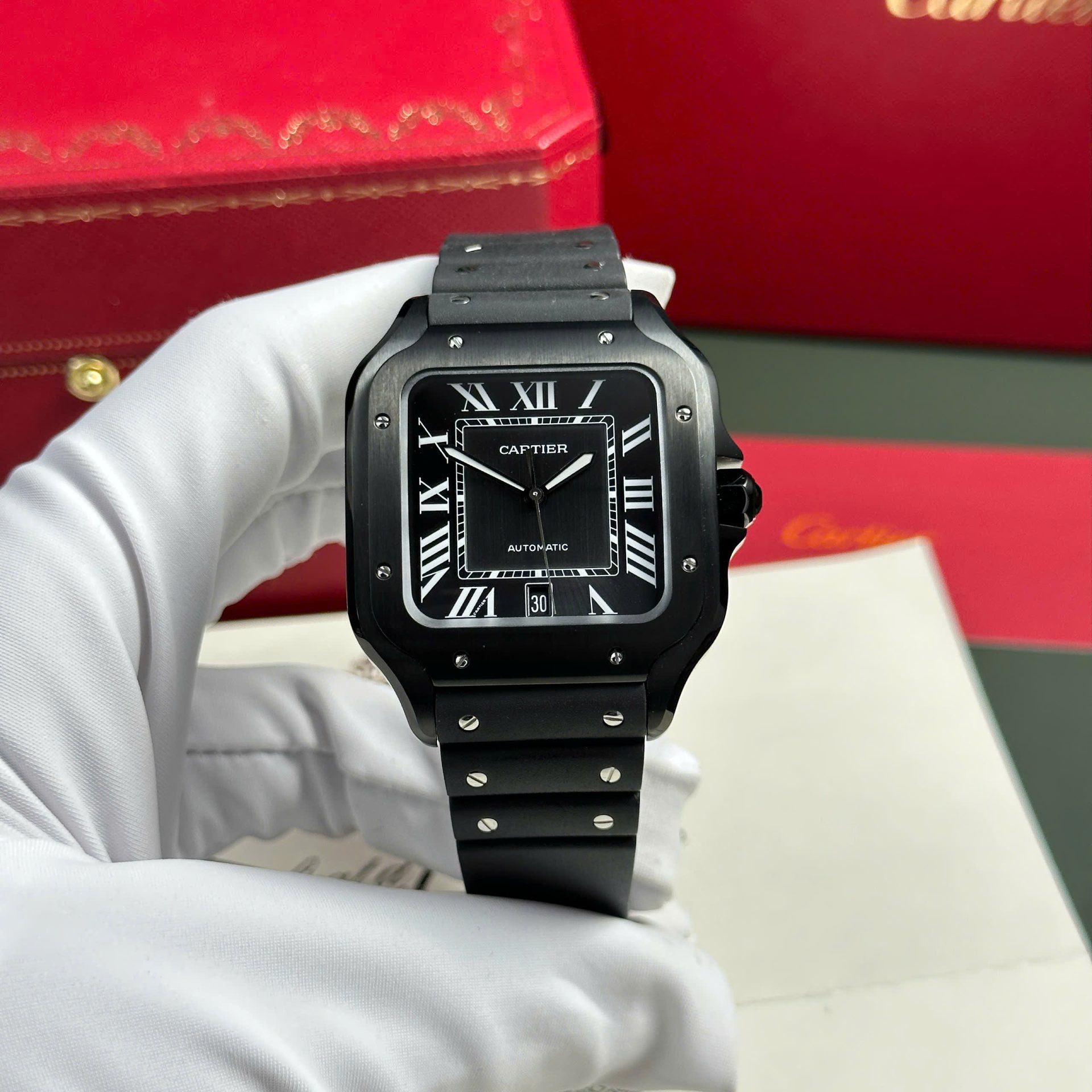 Cartier Santos Black Replica 11 Watch Rubber Strap BV Factory 39.8mm