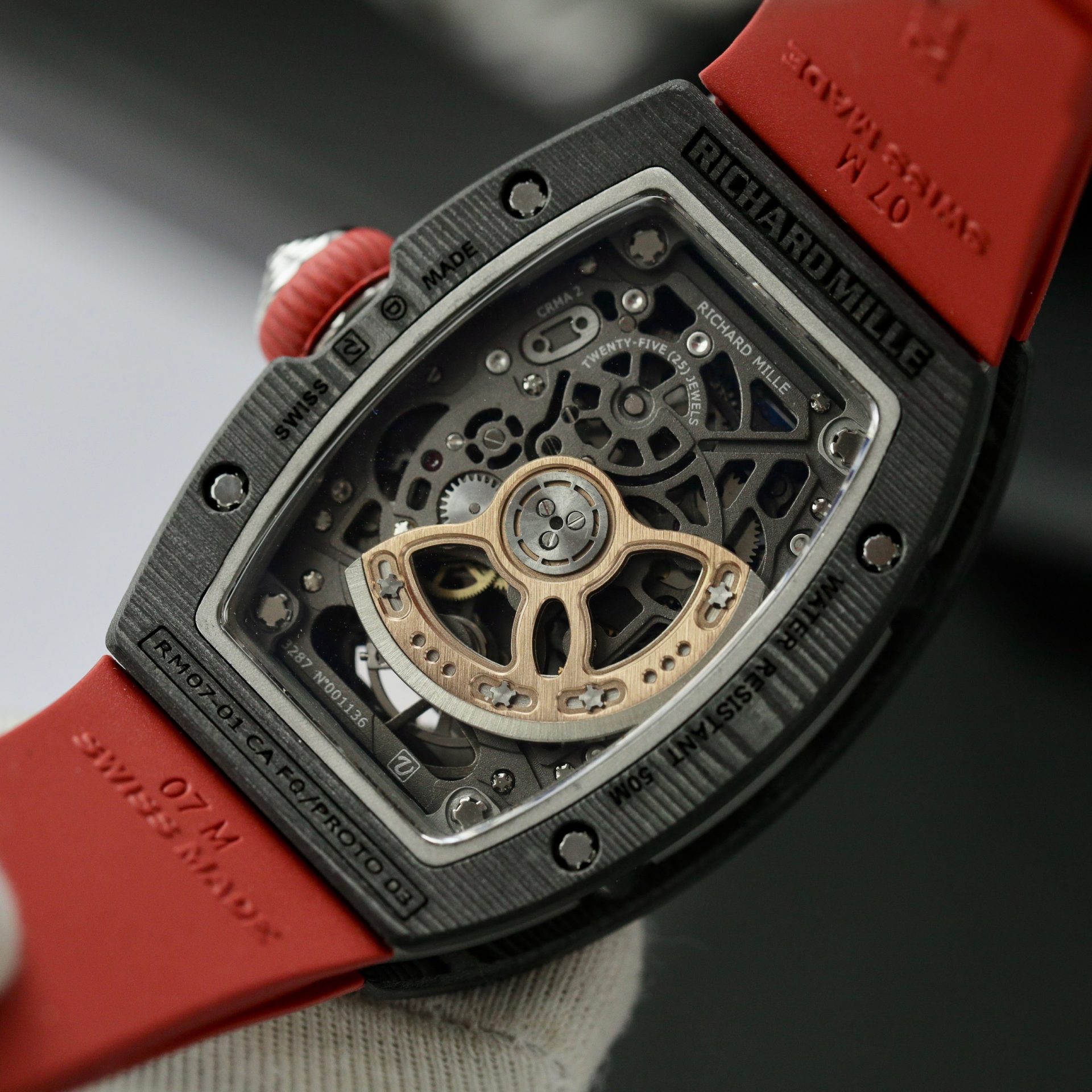 Richard Mille Replica 1:1 Watch RM07 Carbon Black Red Rubber Strap 36mm