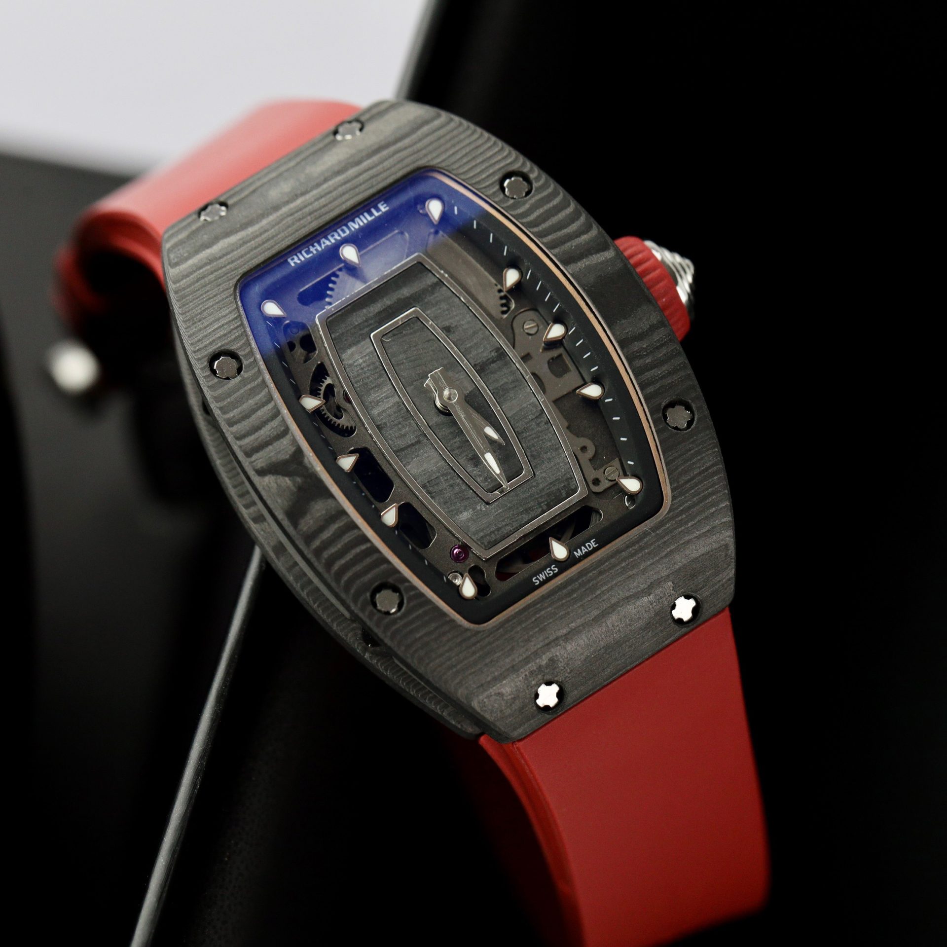 Richard Mille Replica 1:1 Watch RM07 Carbon Black Red Rubber Strap 36mm