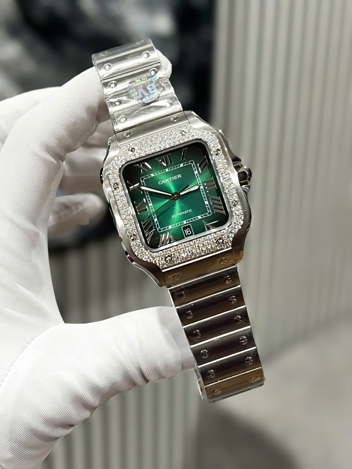 Cartier Santos Replica Watch Custom Moissanite Diamonds Dial Green BV Factory 39.8mm