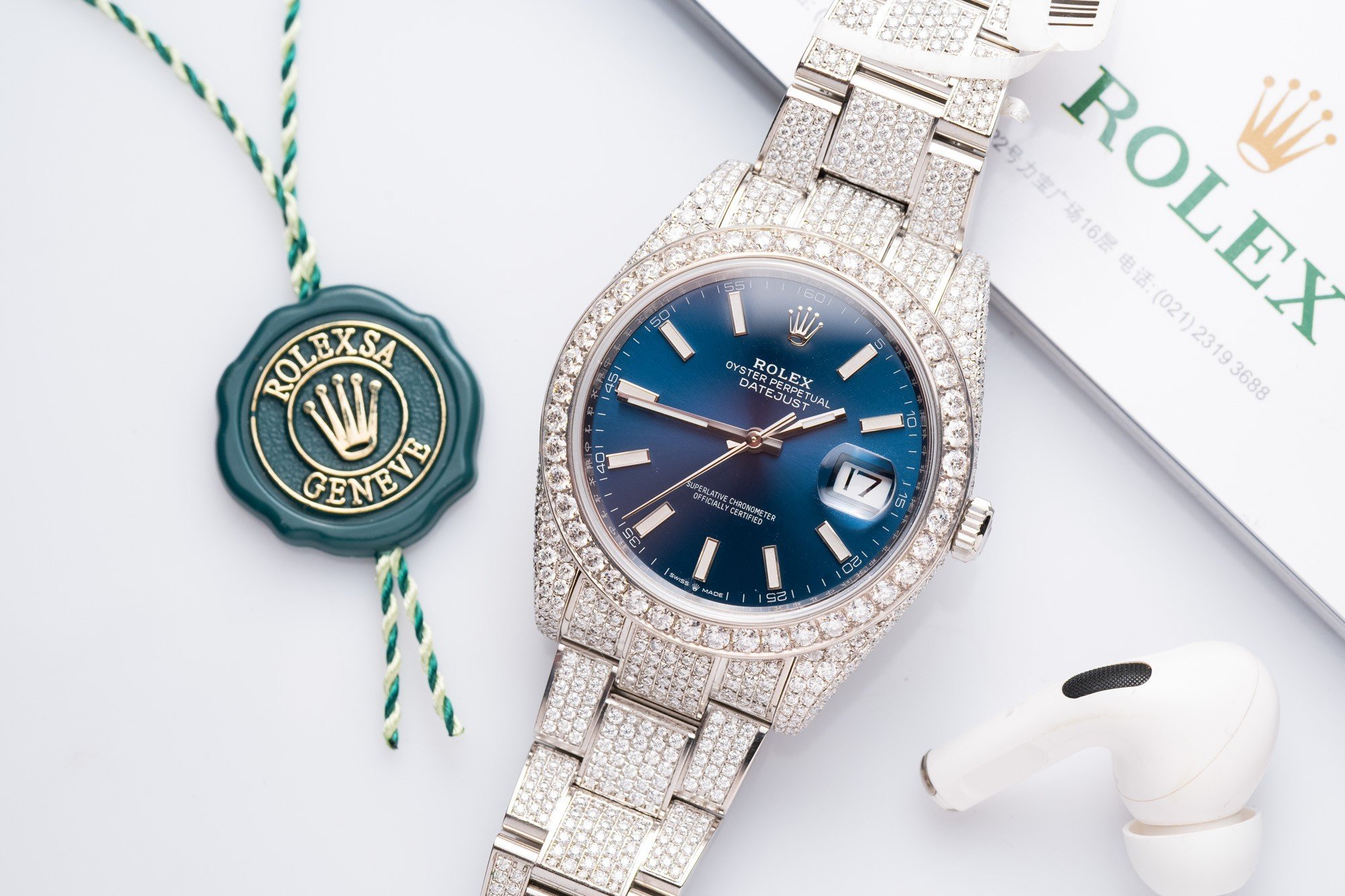 Rolex Replica 1:1 Watch DateJust With Full Moissanite Diamond Blue Dial 41mm