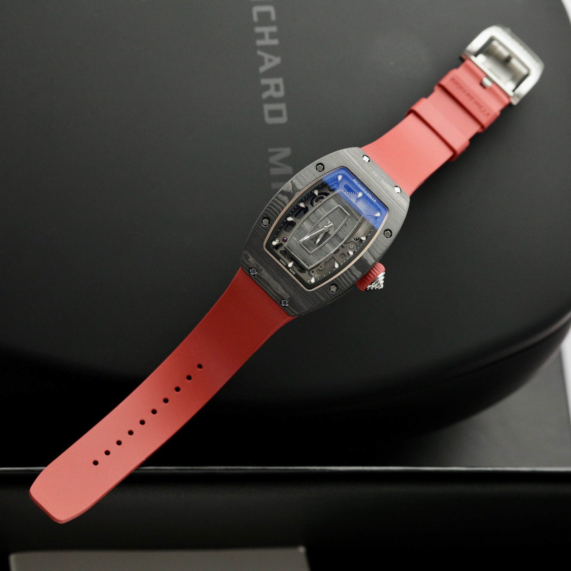 Richard Mille Replica 1:1 Watch RM07 Carbon Black Red Rubber Strap 36mm