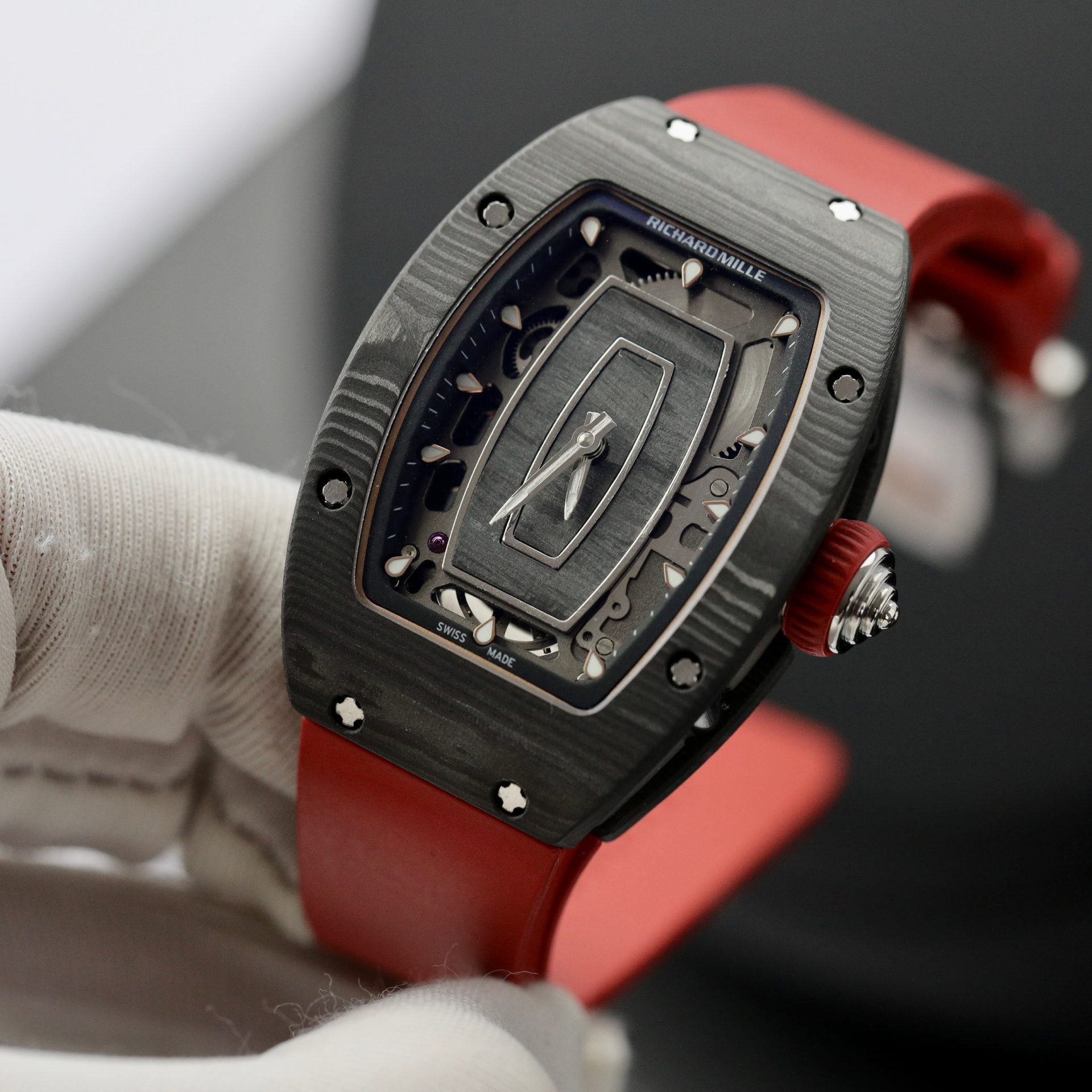 Richard Mille Replica 1:1 Watch RM07 Carbon Black Red Rubber Strap 36mm