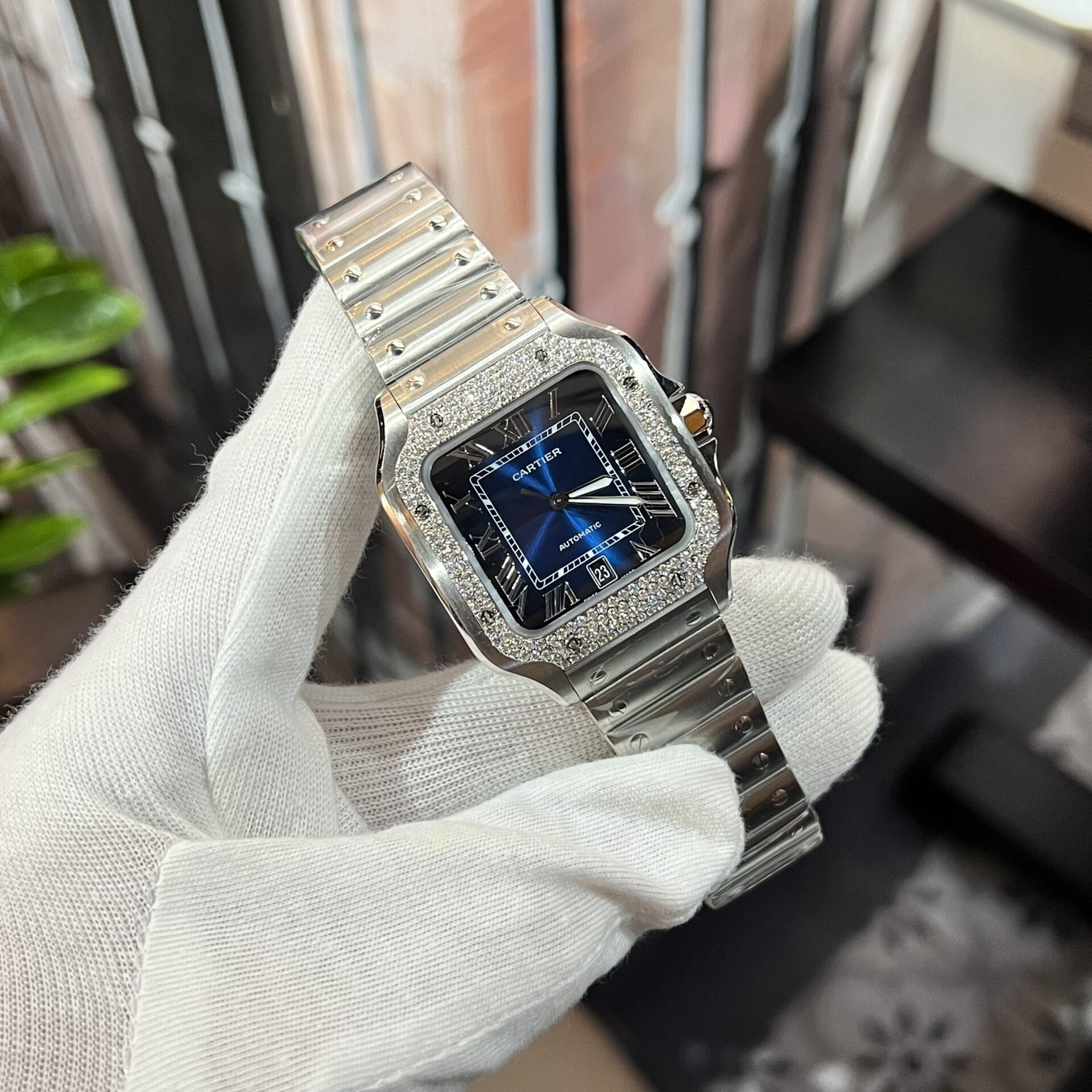 Cartier Replica Watch Santos Moissanite Diamond Bezel Blue Dial BV Factory 39.8mm