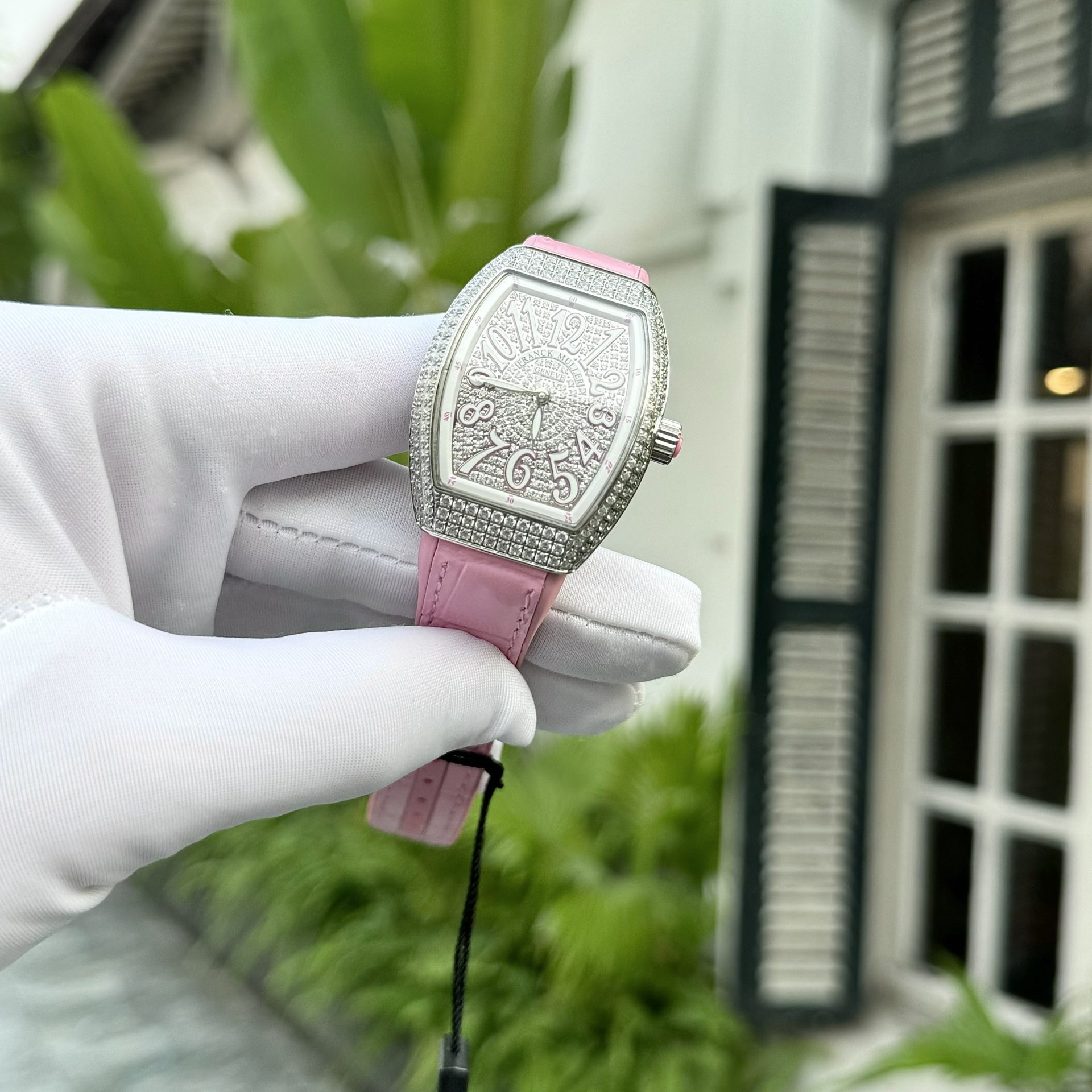 Franck Muller Replica 1:1 Watch V32 With Full Diamonds Pink Rubber Strap ABF Factory 32x40mm
