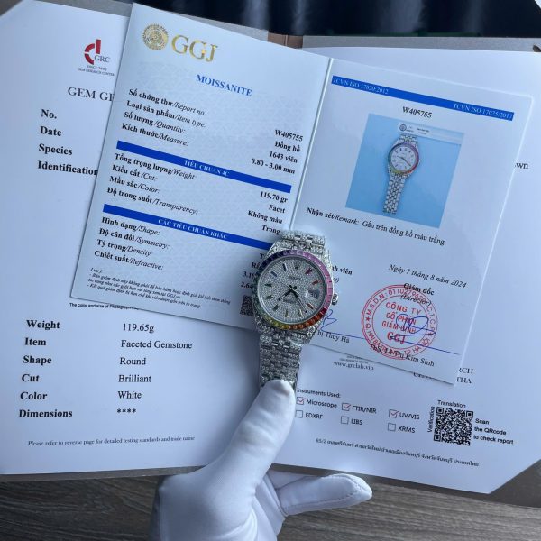 Rolex DateJust Replica Watch Full Moissanite Diamonds Hong Kong Dial Blue 41mm