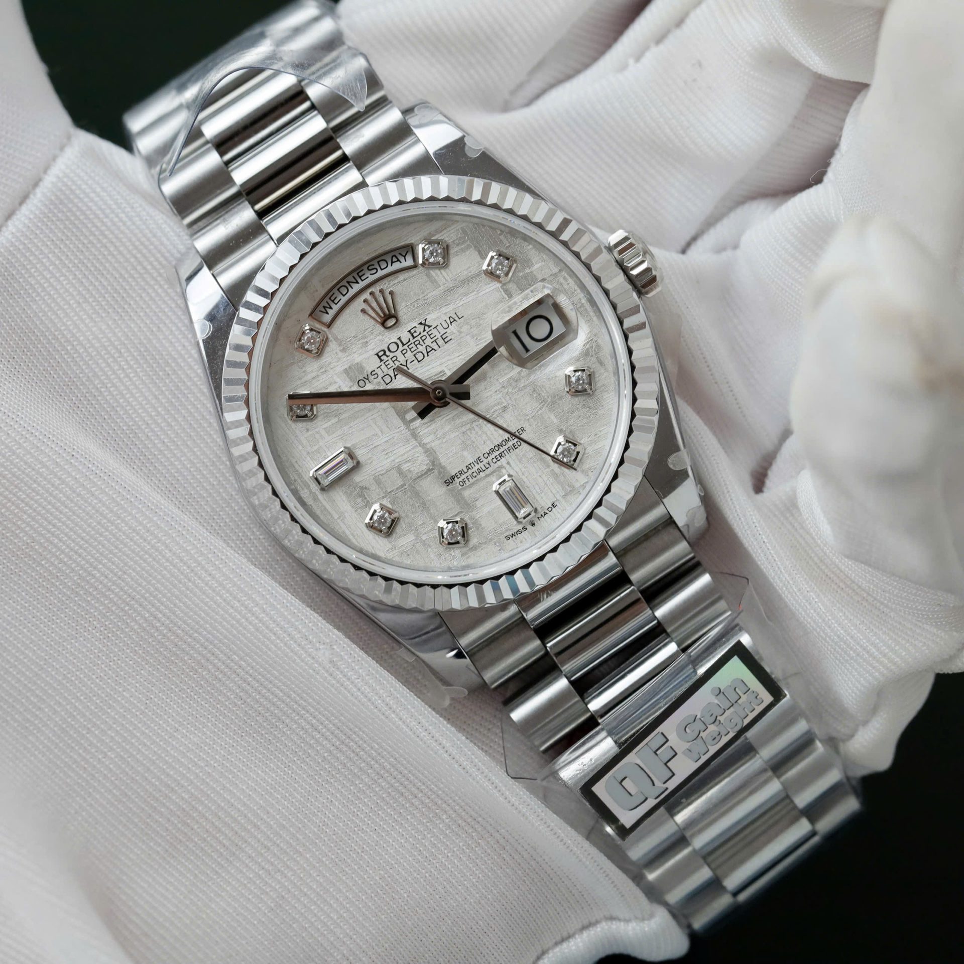 Rolex Day-Date Meteorite Dial Replica Watches Moissanite Diamonds Custom QF Factory 36mm