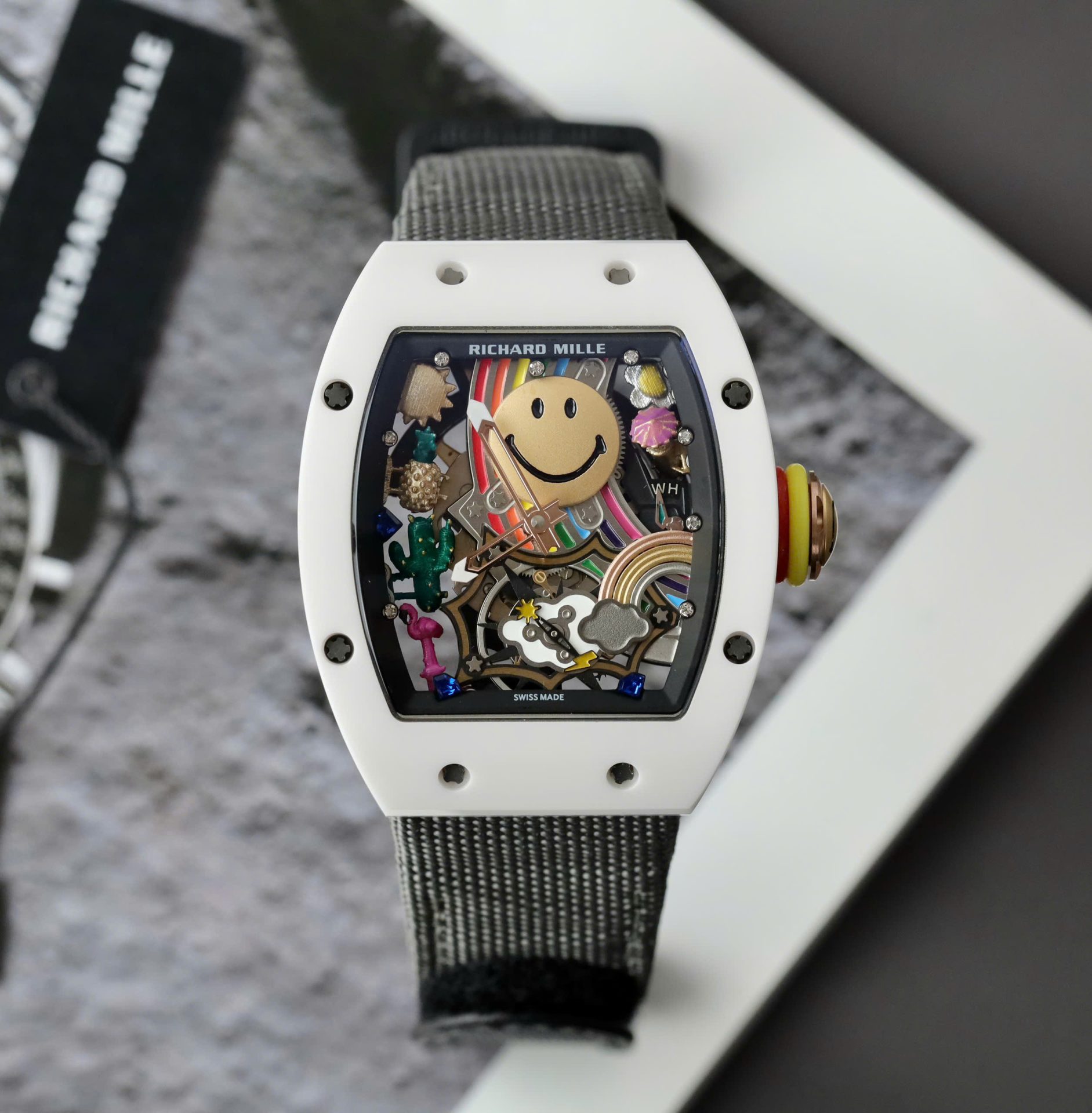 Richard Mille Best Copies Watch RM88 Smiley White Ceramic Fabic Nato Strap 42mm