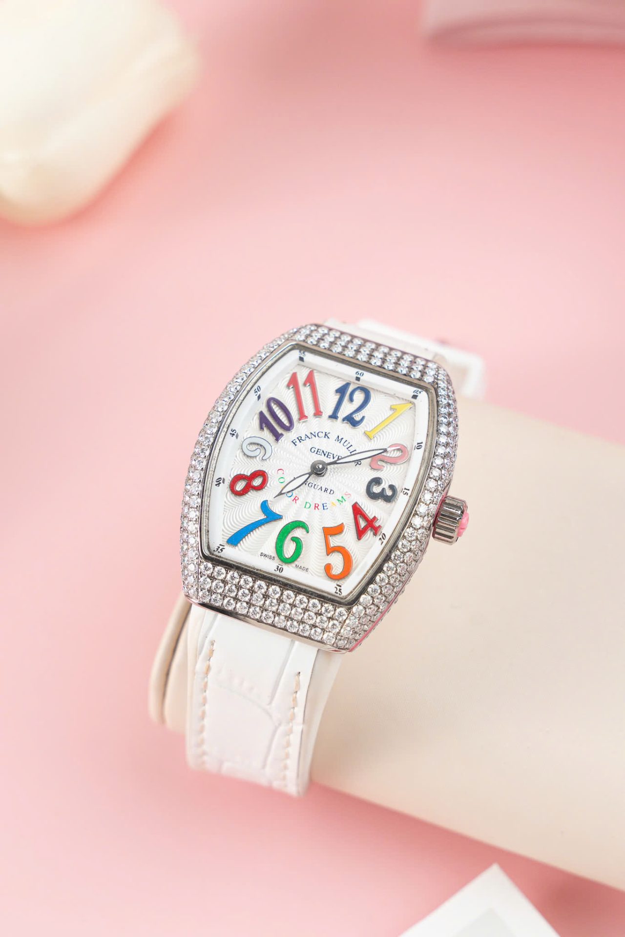 Franck Muller V32 Copies Watches White Dial Custom Diamonds Moissanite Hong Kong 36mm