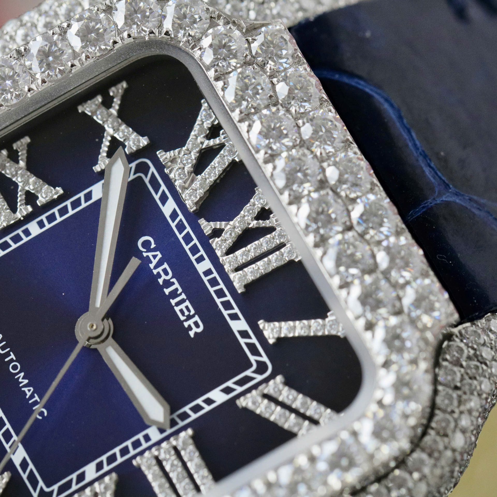 Cartier Santos Copies Watch Dial Blue Custom Diamonds Moissanite Hong Kong 39.8mm