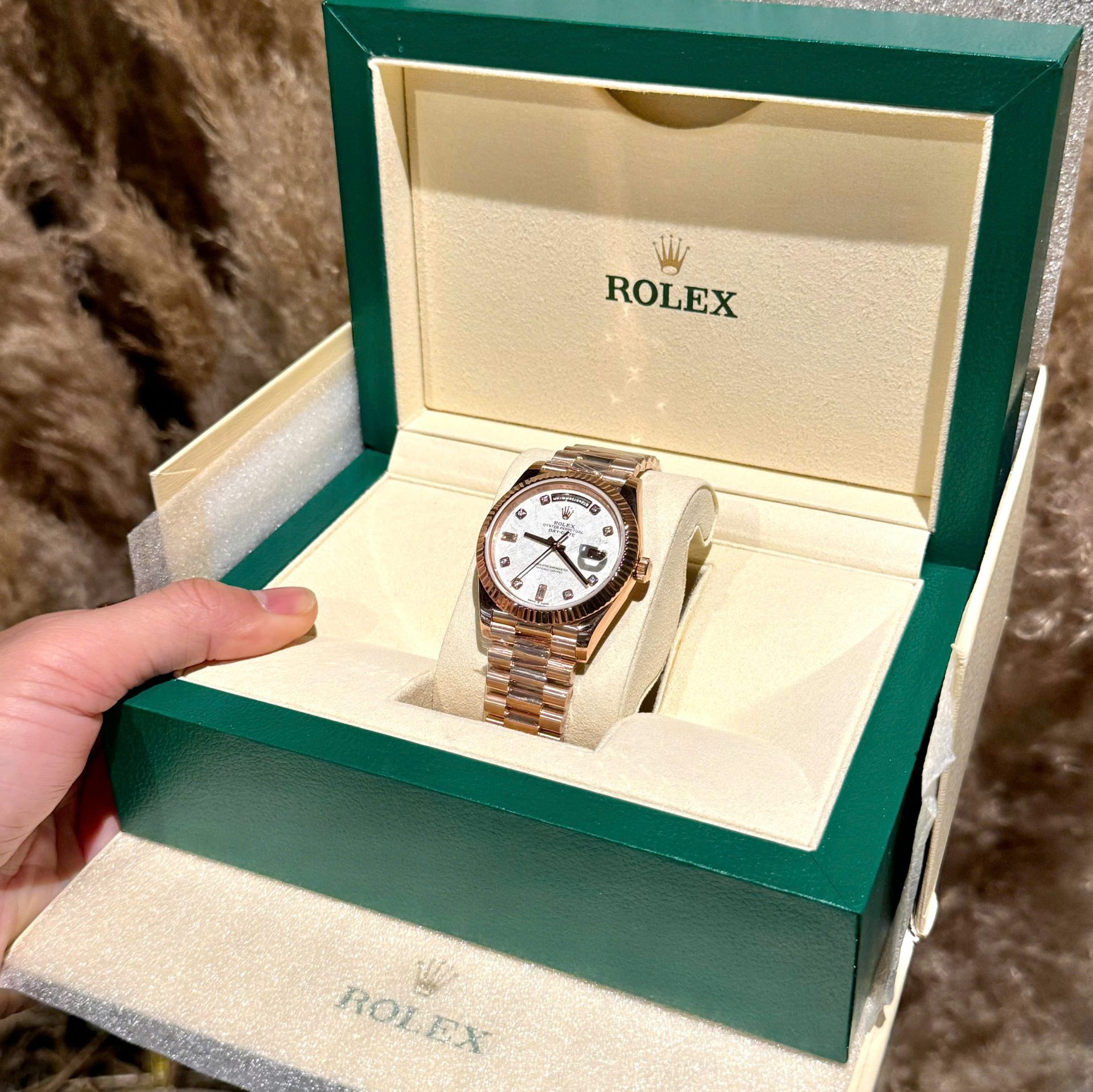 Rolex Replica Watch Day-Date Meteorite Dial With Moissanite Diamonds Hour Markers Custom Gold Wrapped GMF 40mm