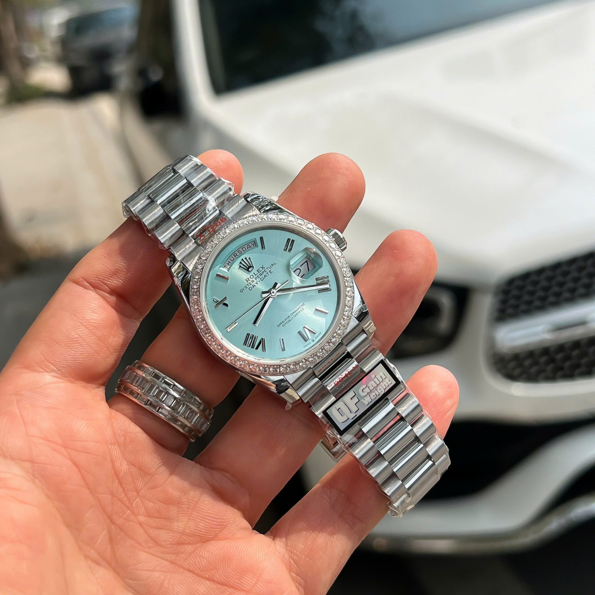 Rolex Replica Watches Watch Day-Date Ice Blue Weight 158Grams Bezel Diamonds Moissanite QF 36mm