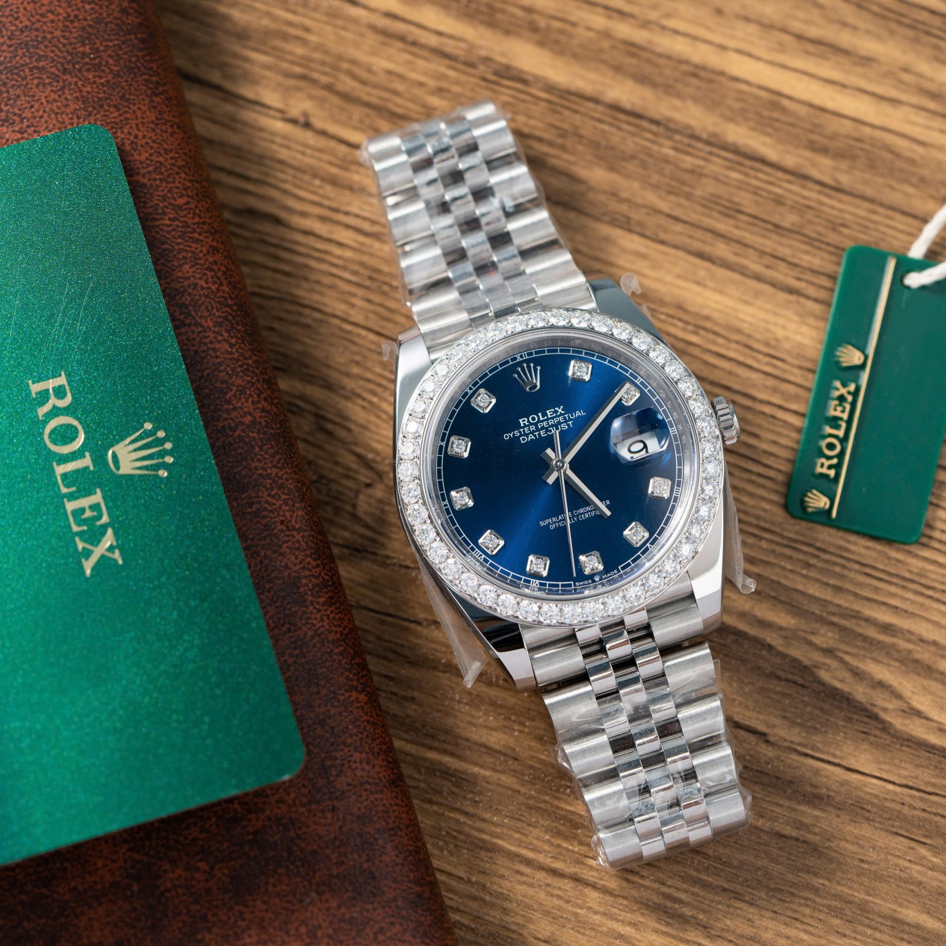 Rolex Replica Watch DateJust Blue Dial With Moissanite Diamond Bezel Factory Clean 41mm