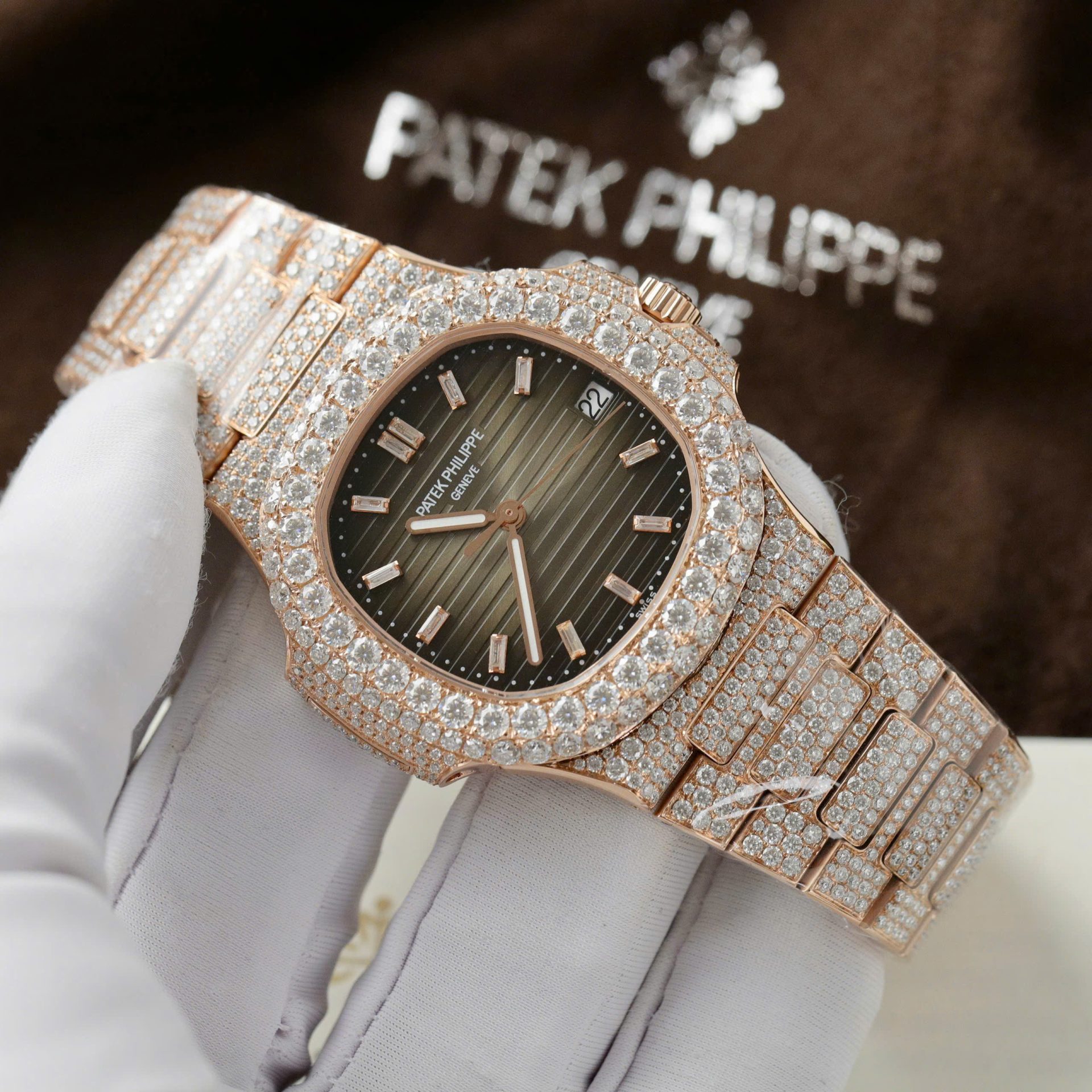 Patek Philippe Nautilus 5711 Replica Watch Gold Wrapped + Moissanite Diamonds Hong Kong Custom 40mm