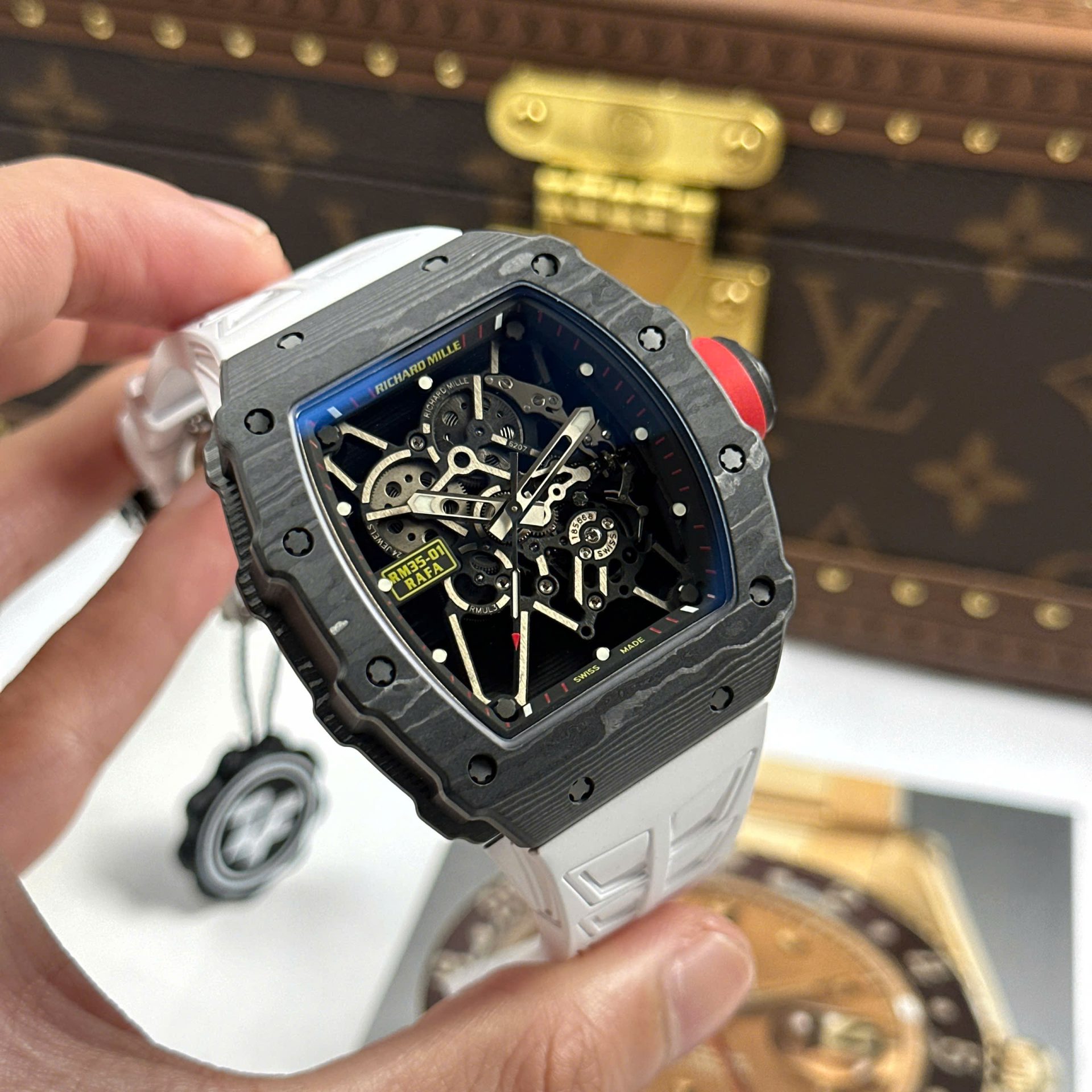Richard Mille RM35-01 Rafael Nadal Carbon NTPT Best Copies Watches White Rubber Strap ZF Factory 49,9x43mm