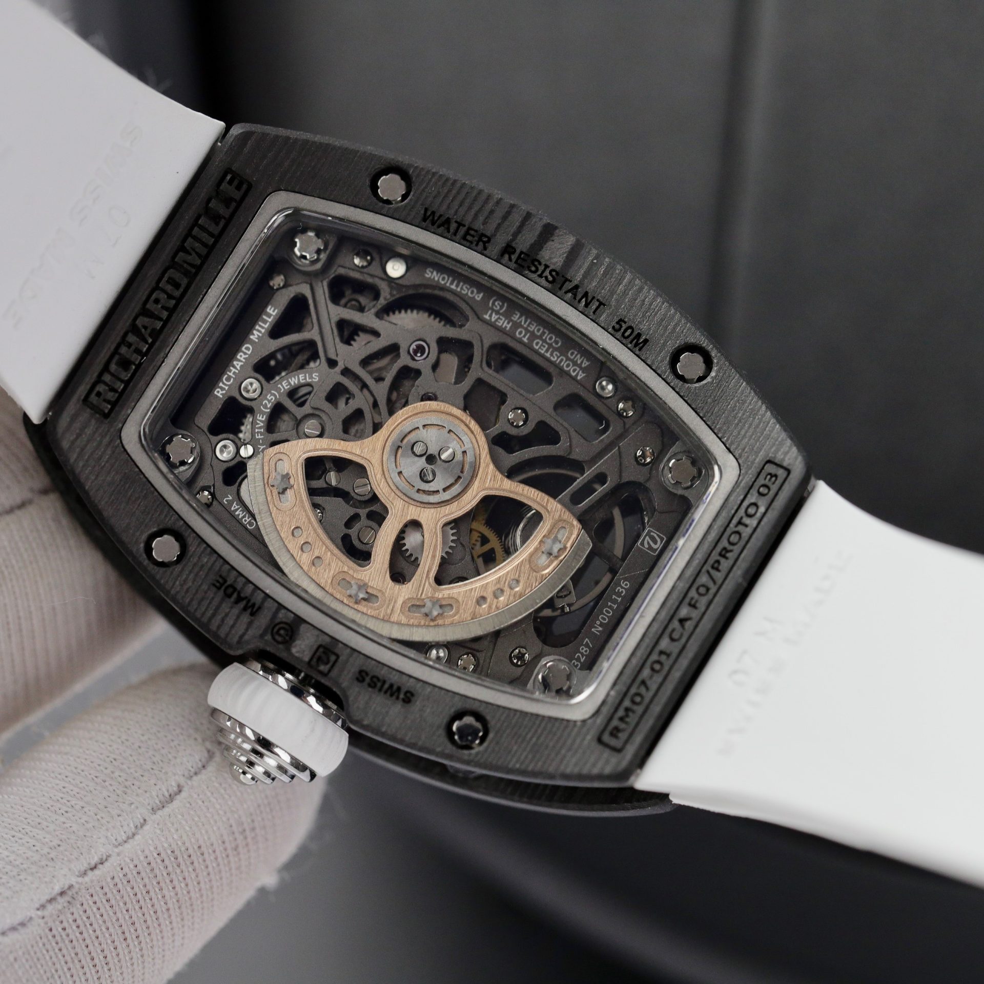 Richard Mille Replica 1:1 Watch RM07 Carbon White Rubber Strap Best Quality 36mm