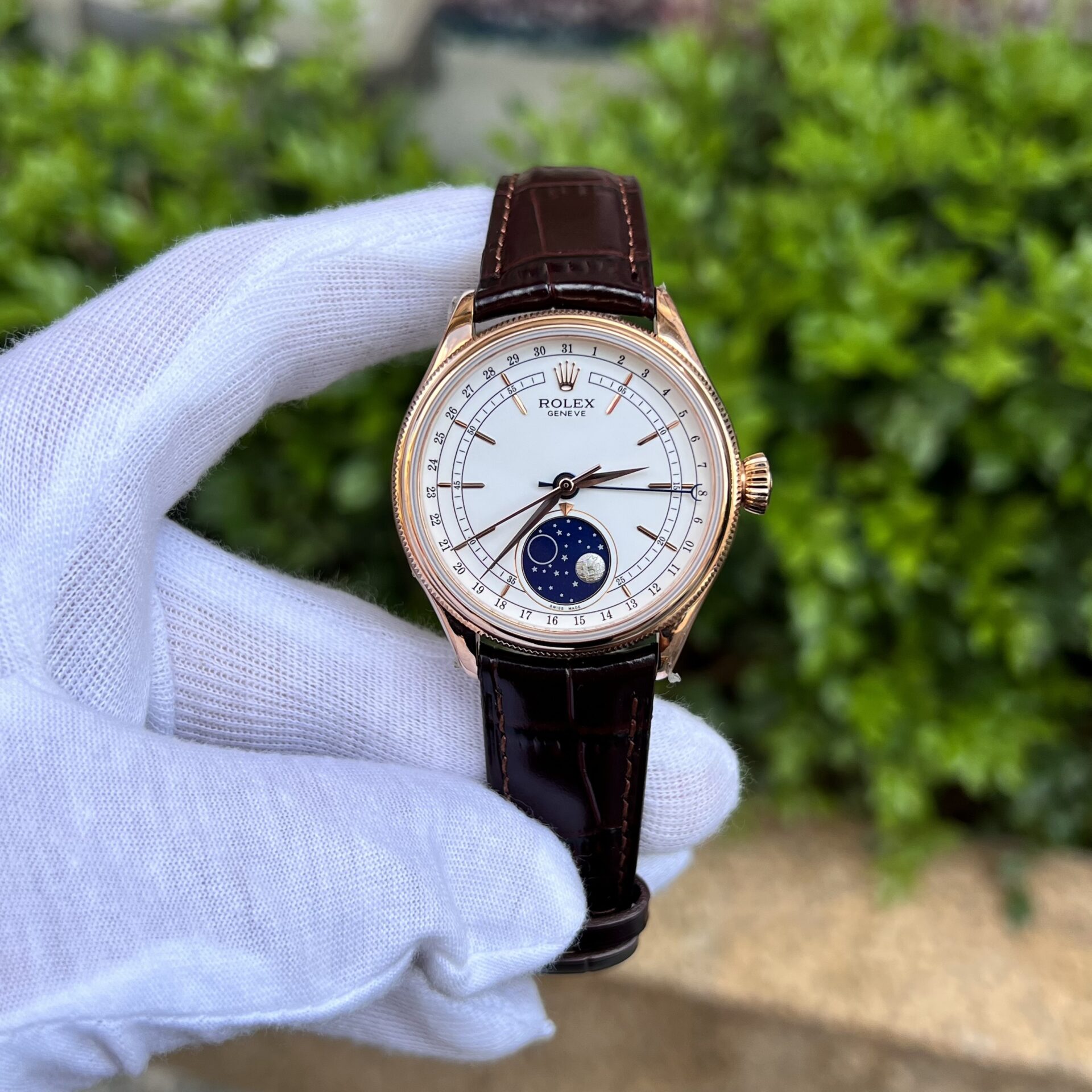 Rolex Replica 11 Watch Cellini Moonphase 50535 Rose Gold Plated White Dial 39mm