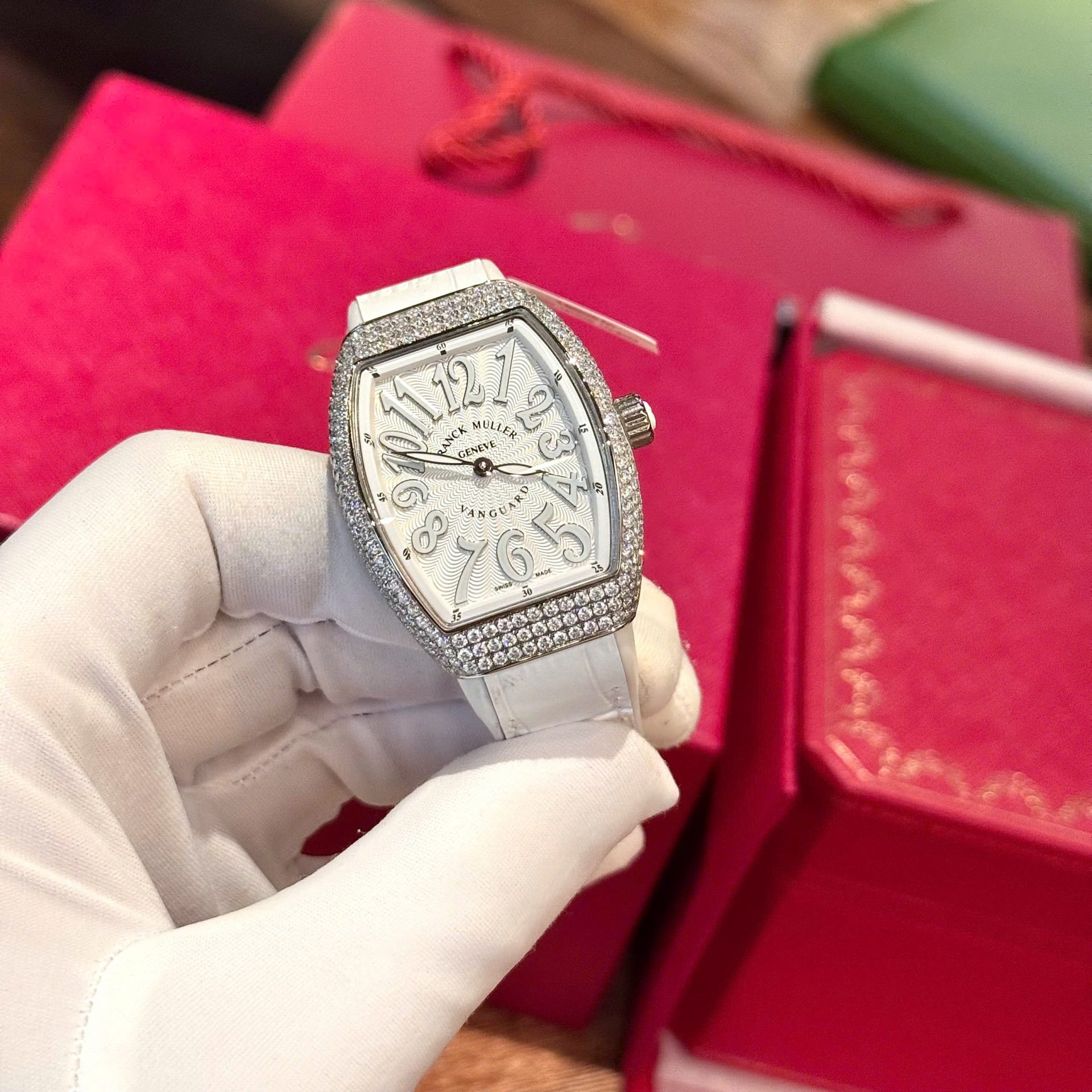 Franck Muller V32 White Dial Replica Watch Custom Diamonds Moissanite Hong Kong 36mm