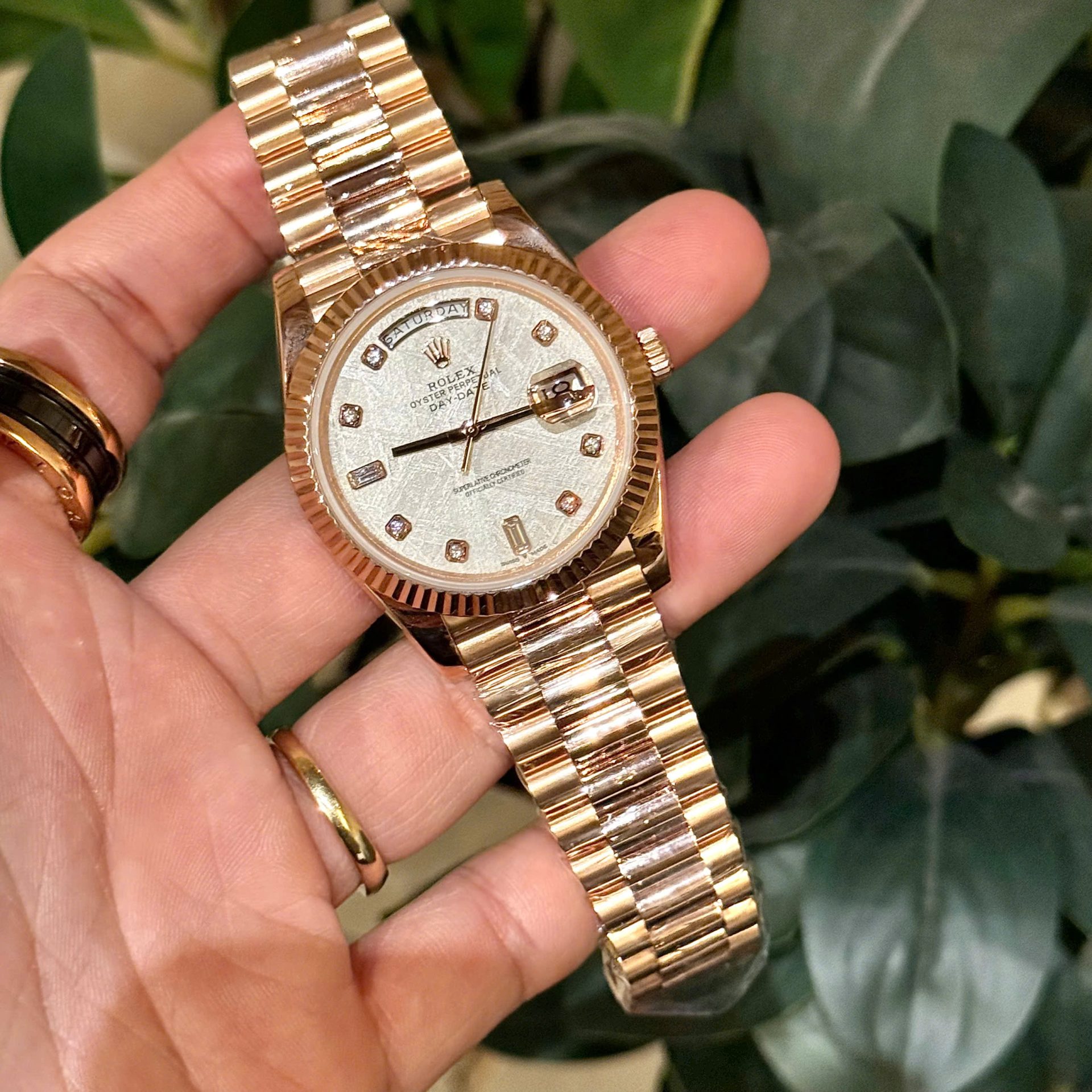 Rolex Replica Watch Day-Date Meteorite Dial With Moissanite Diamonds Hour Markers Custom Gold Wrapped GMF 40mm