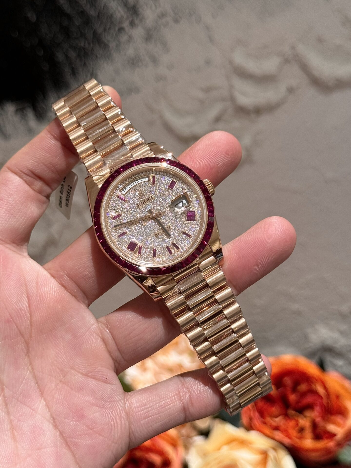 Rolex Replica Watch Day-Date Moissanite Ruby Baguette Red 18K Gold Wrapped 40mm