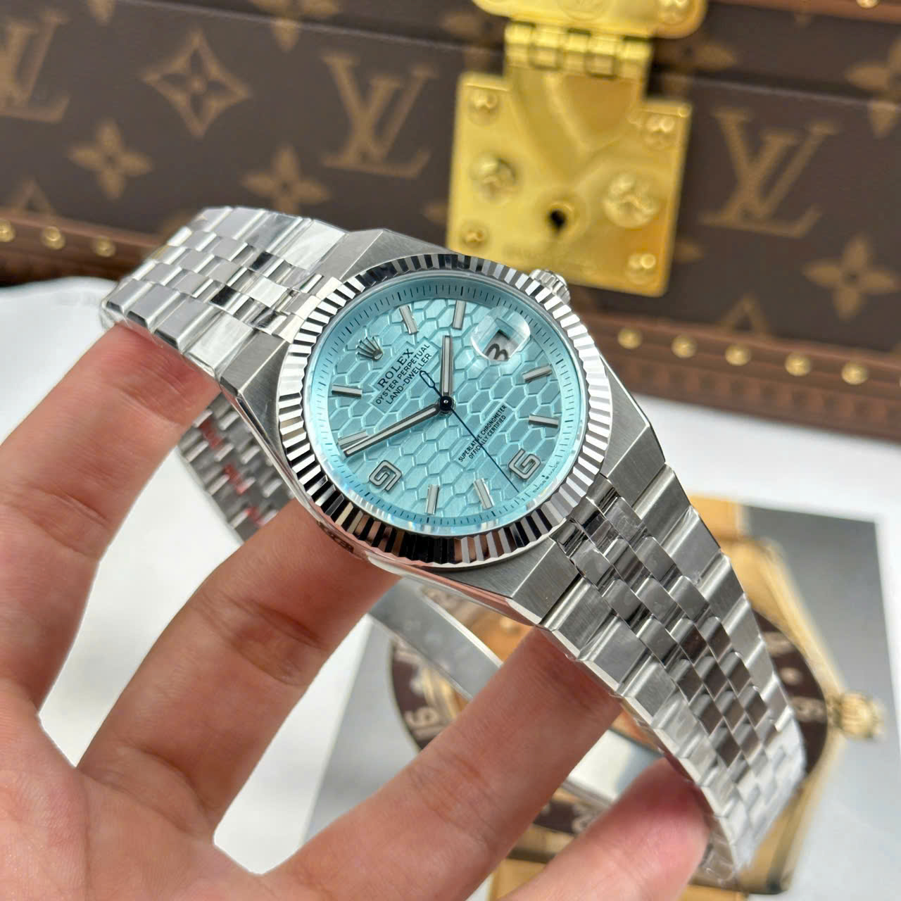 Rolex Land-Dweller 127336 Ice Blue   Honeycomb Motif Dial Best Fake Watches 40mm