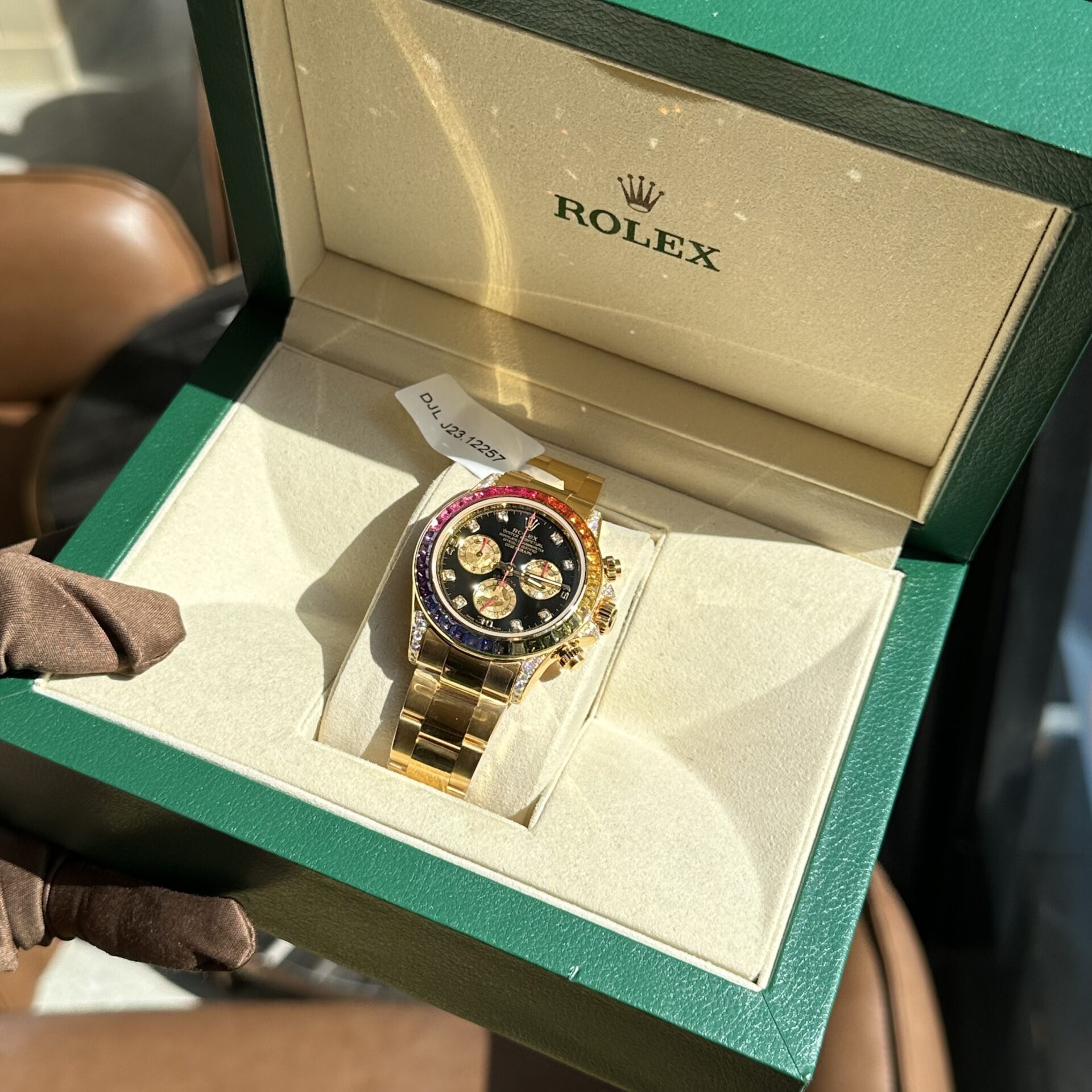 Rolex Replica Watch Daytona Rainbow Yellow Gold Wrapped Moissanite Diamonds TWF 40mm