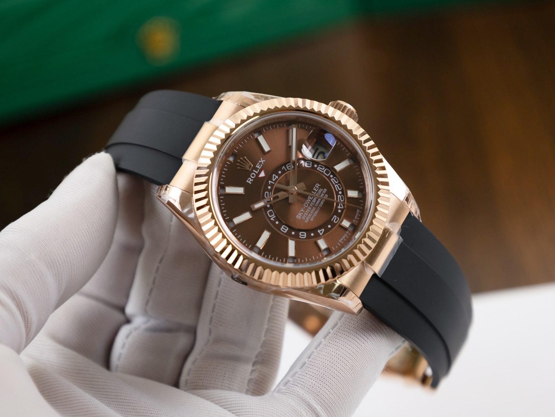 Rolex Replica 1:1 Watch Sky Dweller Chocolate Dial Rubber Strap 42mm