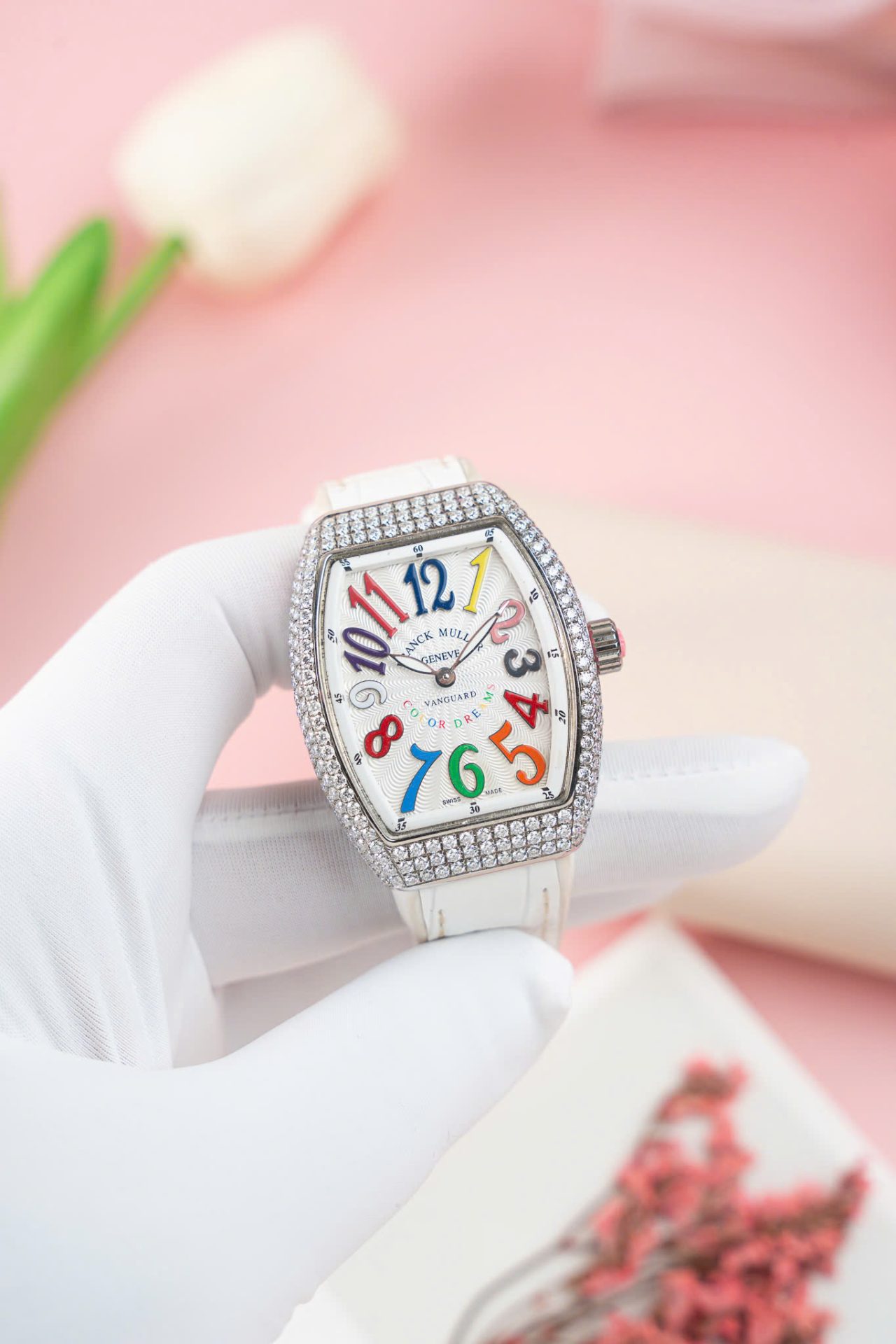 Franck Muller V32 Copies Watches White Dial Custom Diamonds Moissanite Hong Kong 36mm