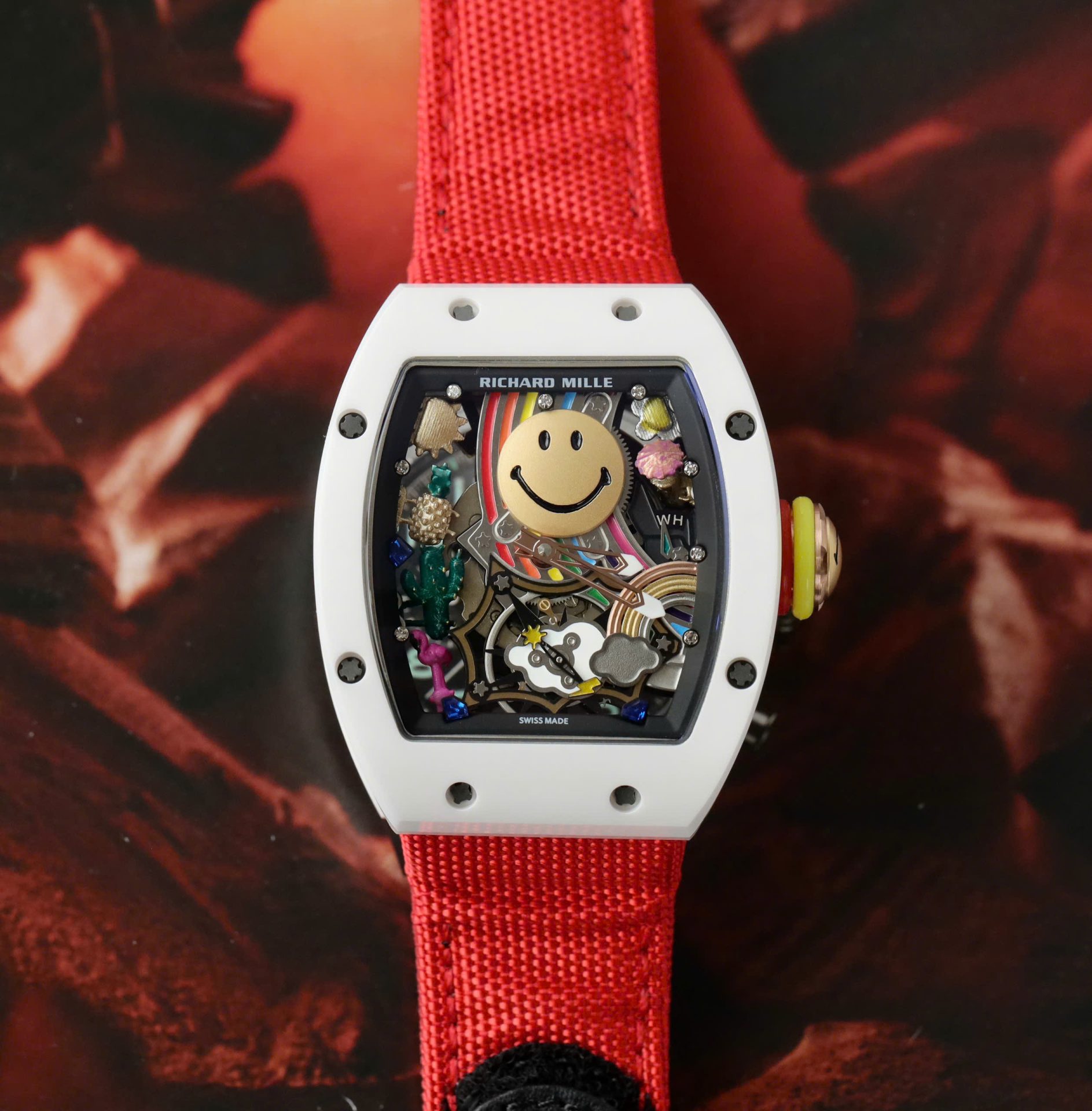 Richard Mille Best Copies Watch RM88 Smiley White Ceramic Fabic Nato Strap 42mm