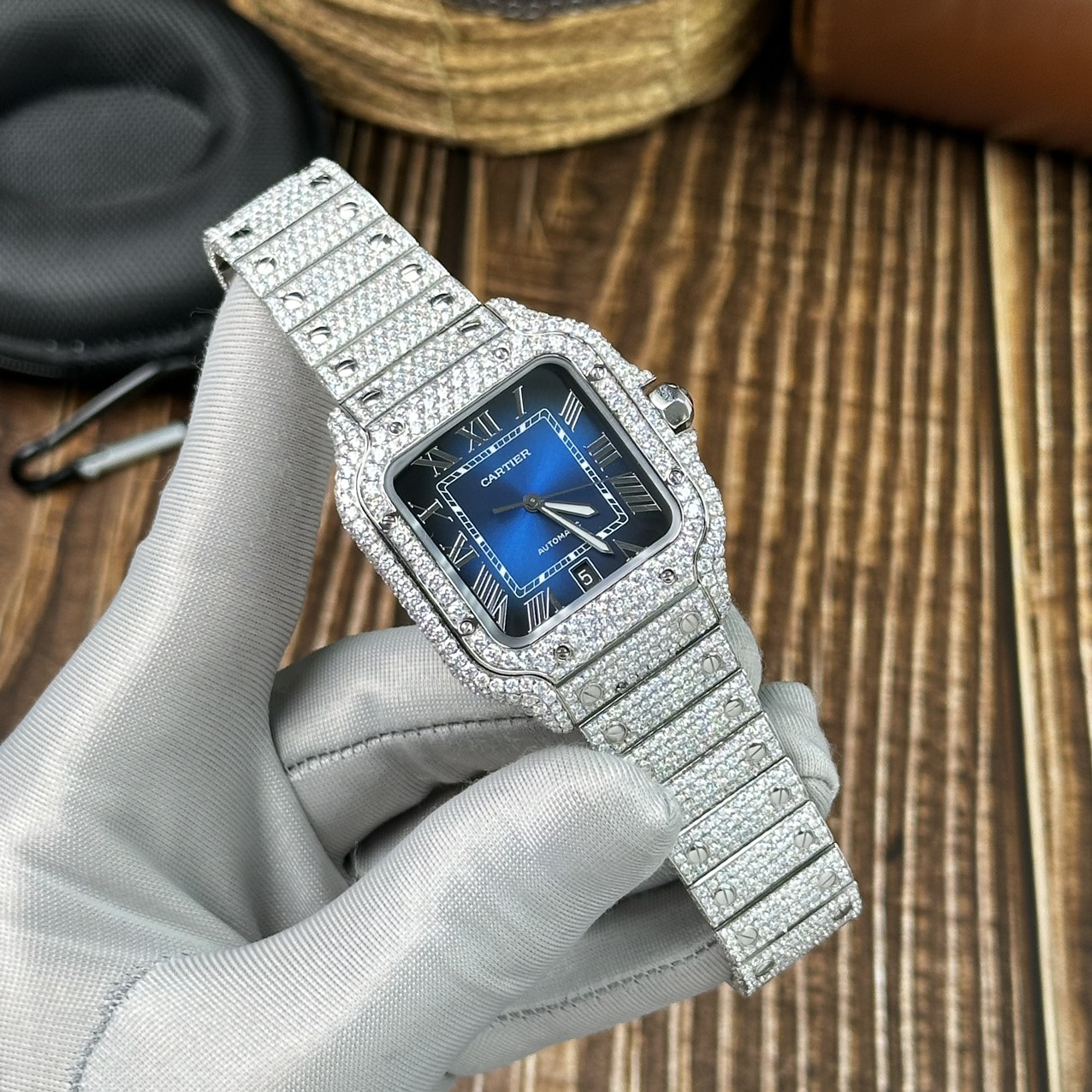 Cartier Replica Watch Santos Full Diamond Moissanite Blue Dial 39.8mm