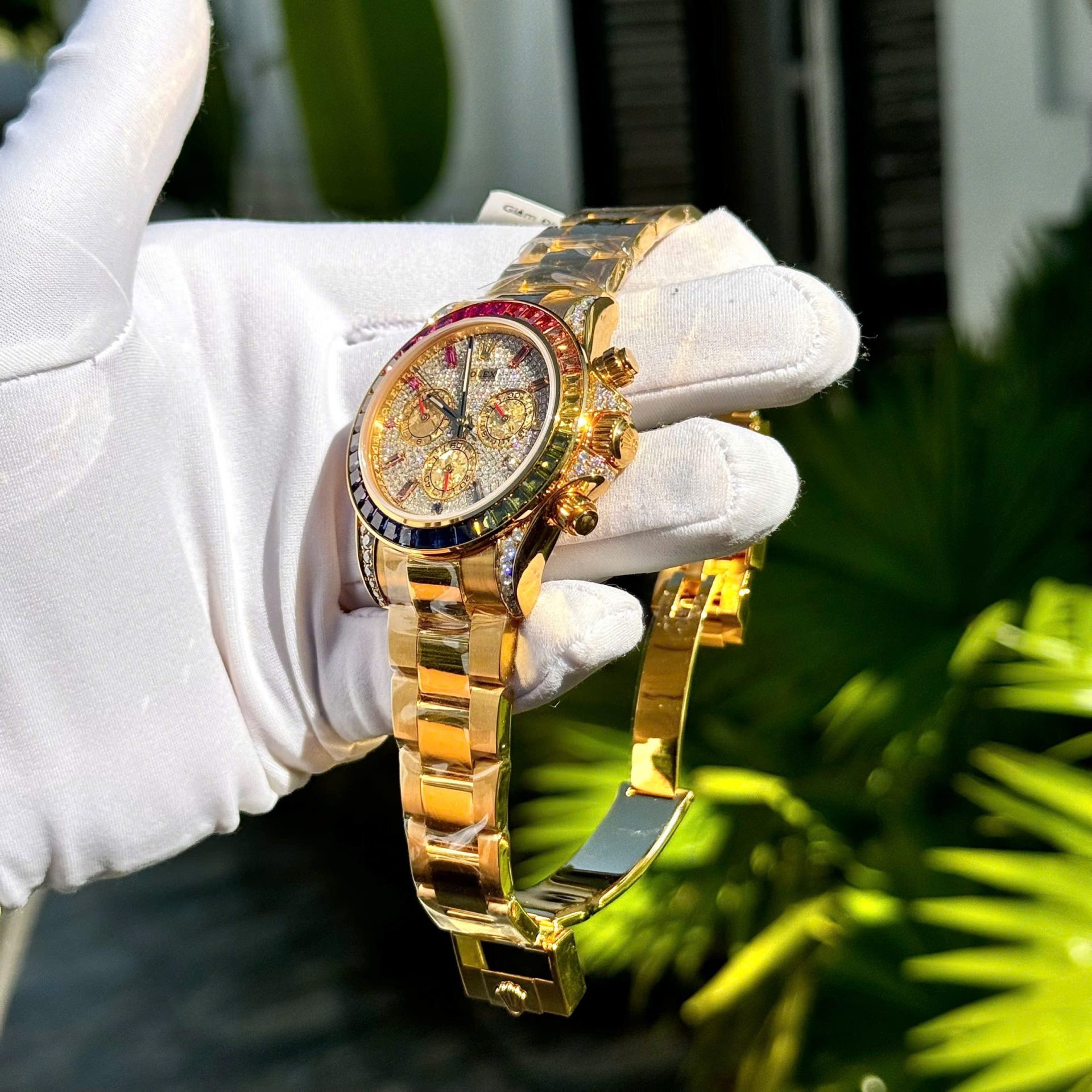Rolex Daytona Rainbow Replica Watch 18K Gold Wrapped Customs Moissanite   Gemstones 40mm