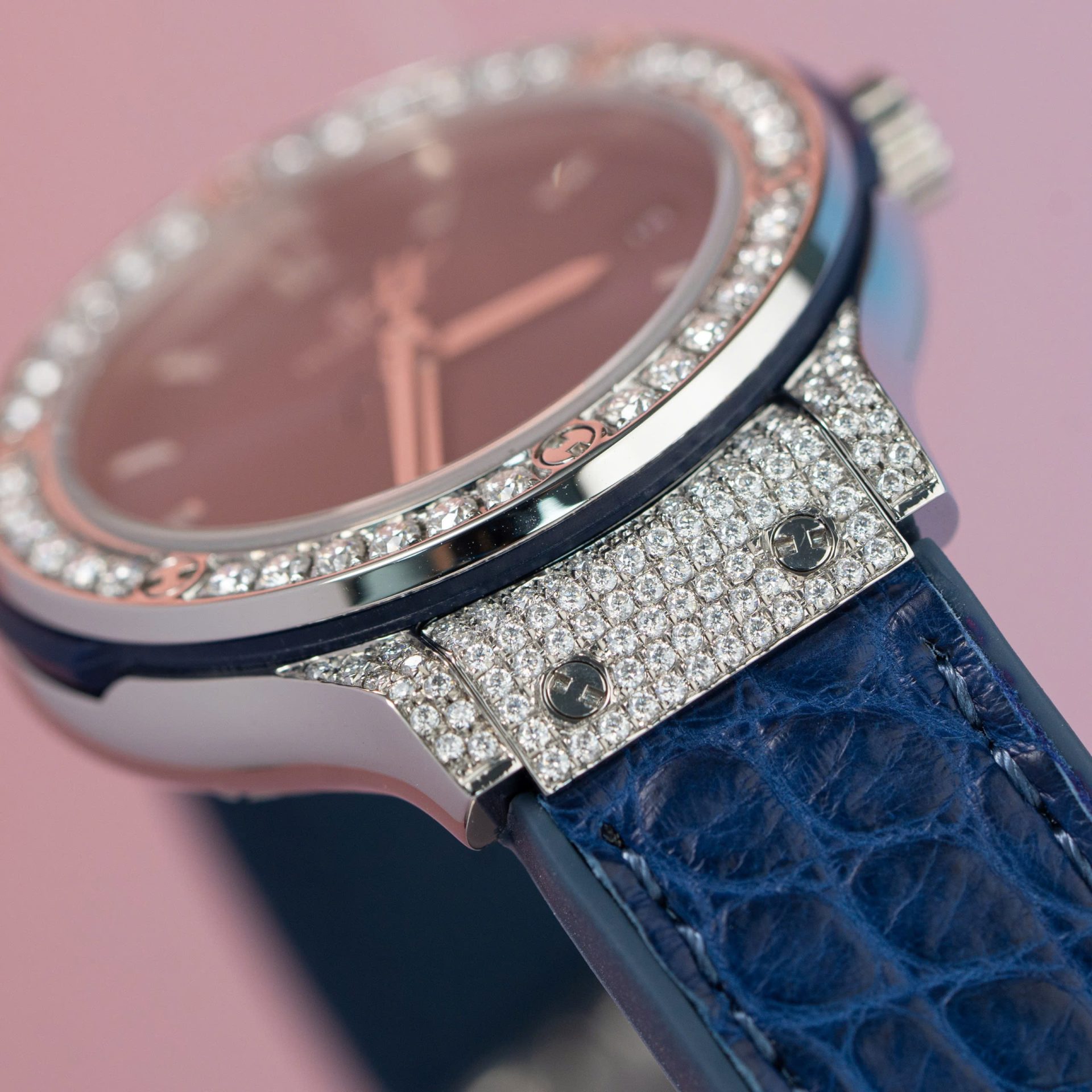 Hublot Replica 11 Watch Classic Fusion Women s Full Diamond Moissanite Blue 33mm