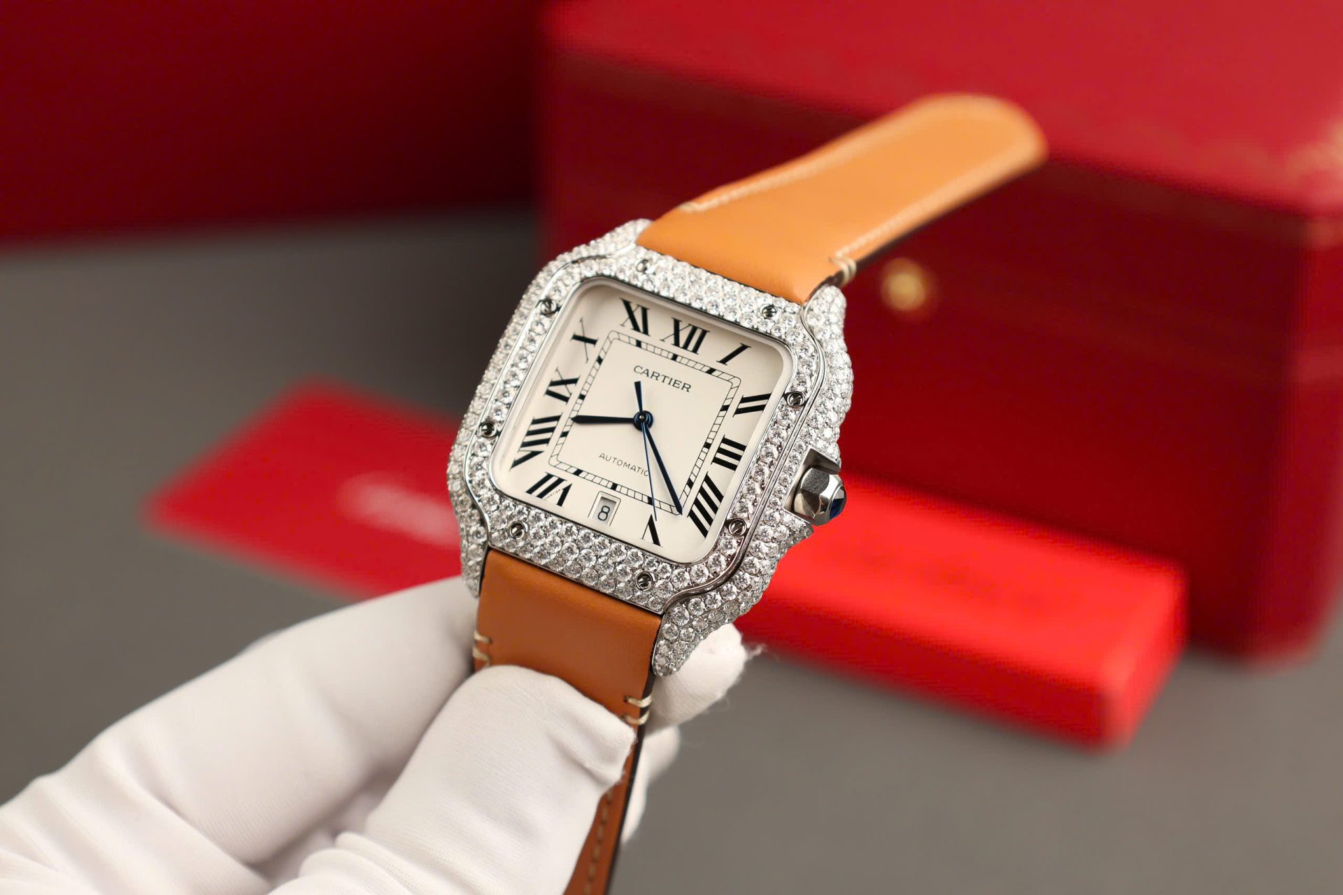 Cartier Santos White Dial Copies Watches Custom Diamonds Moissanite BVF 39.8mm
