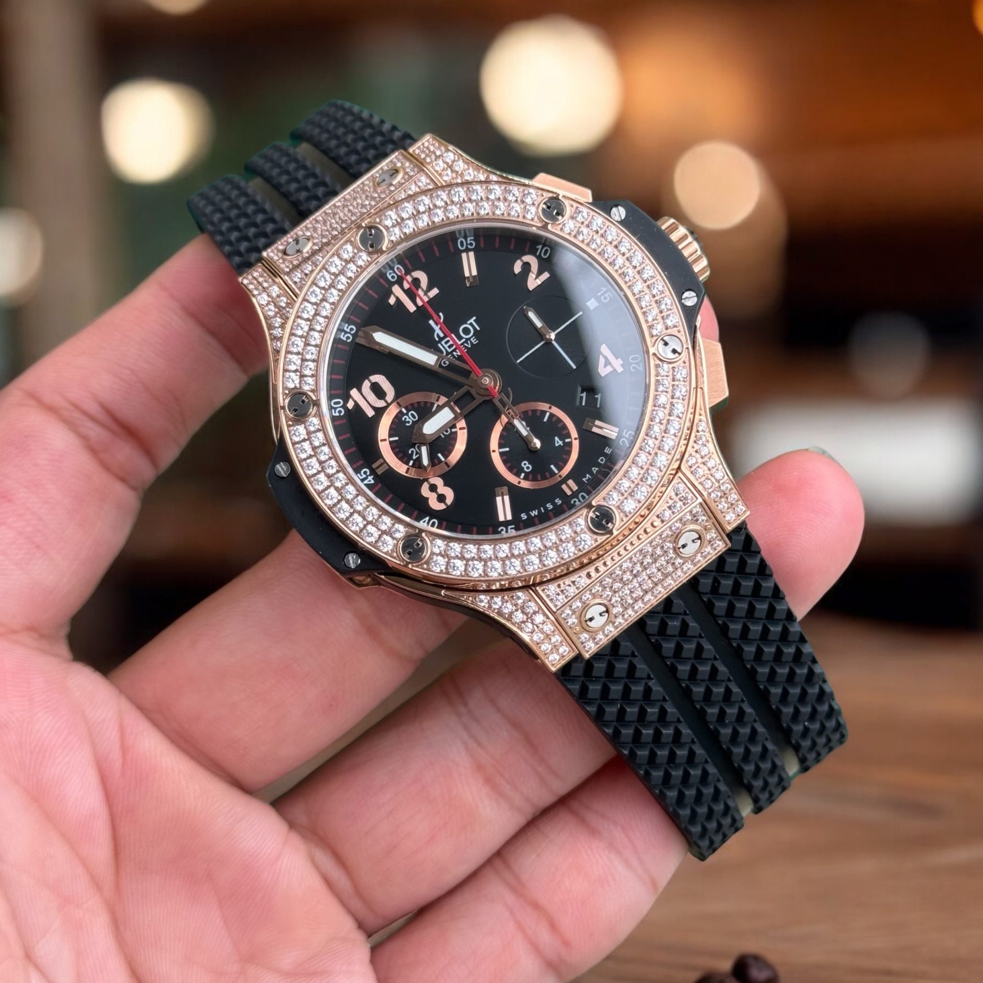Hublot Replica 11 Watch Big Bang Chronograph Full Stone Face Black High Quality 44mm