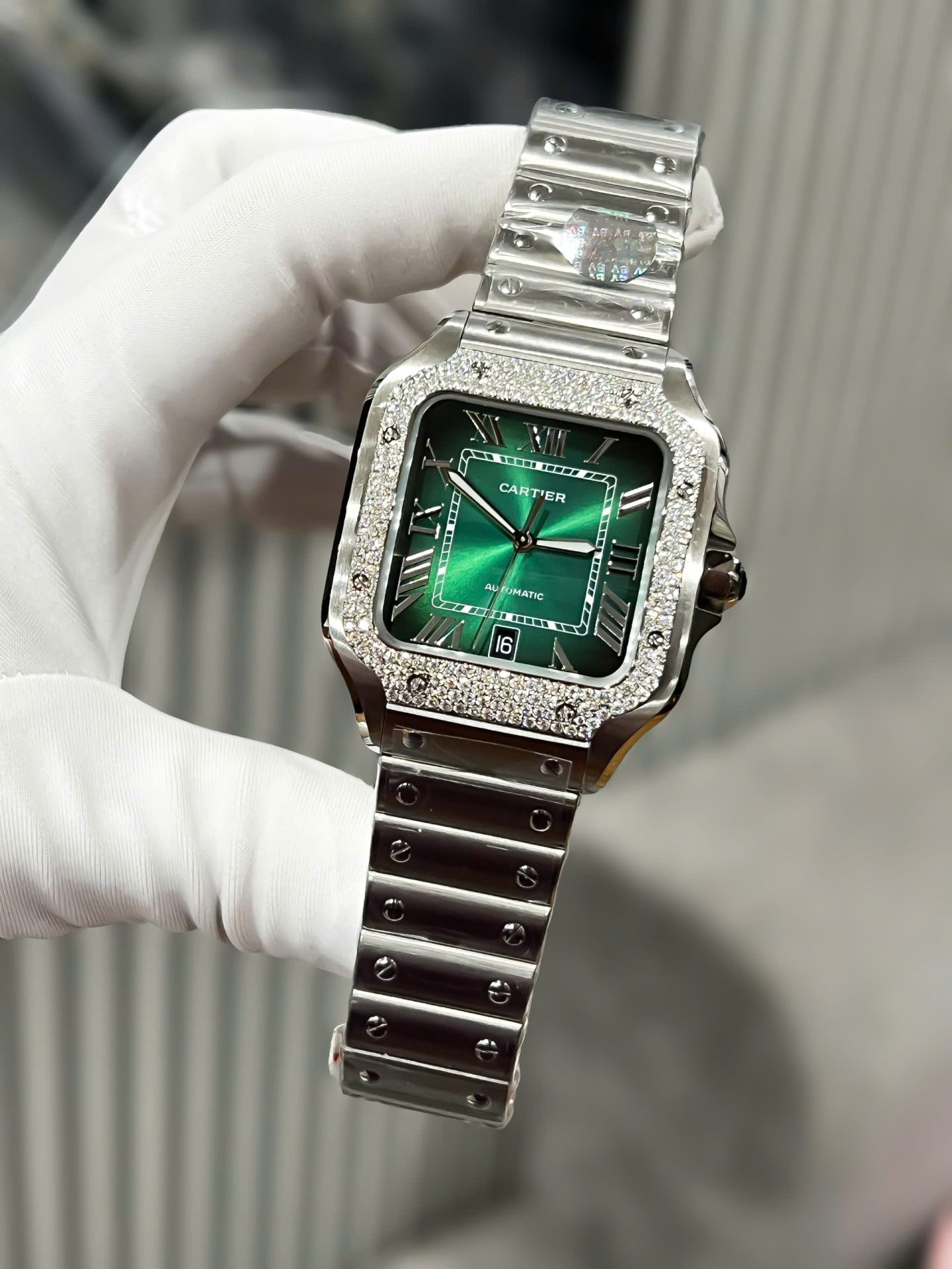 Cartier Santos Replica Watch Custom Moissanite Diamonds Dial Green BV Factory 39.8mm