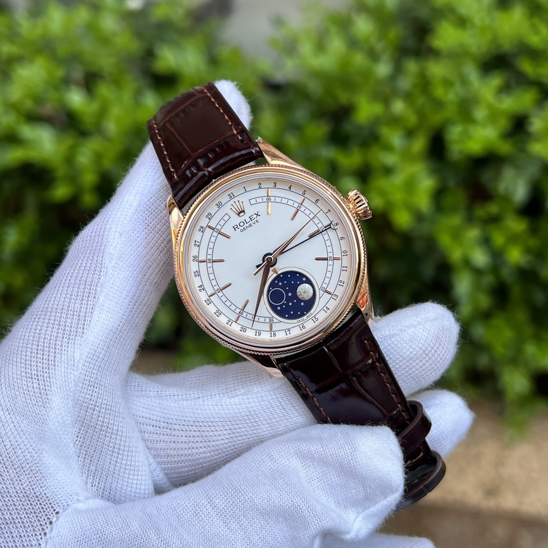 Rolex Replica 11 Watch Cellini Moonphase 50535 Rose Gold Plated White Dial 39mm