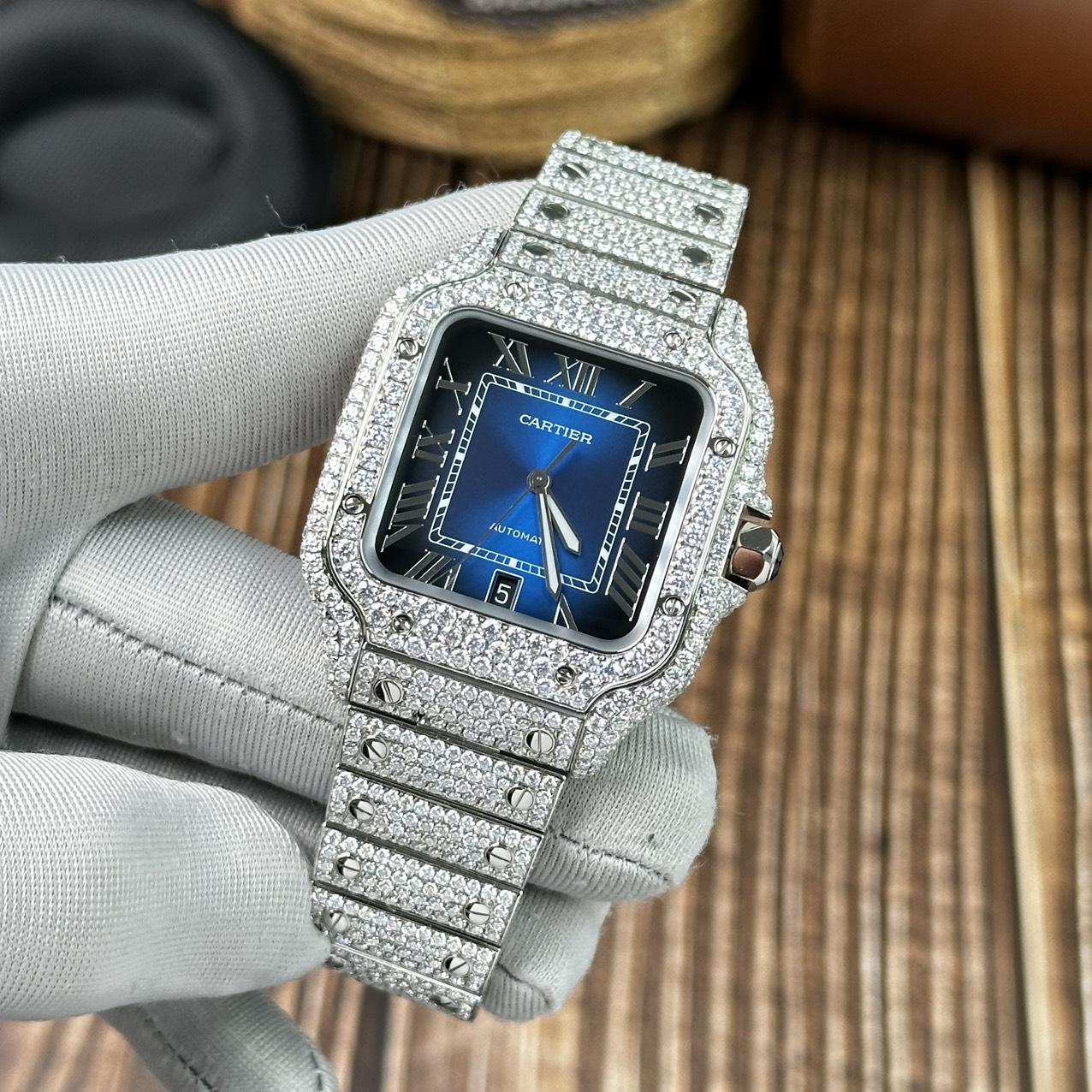 Cartier Replica Watch Santos Full Diamond Moissanite Blue Dial 39.8mm